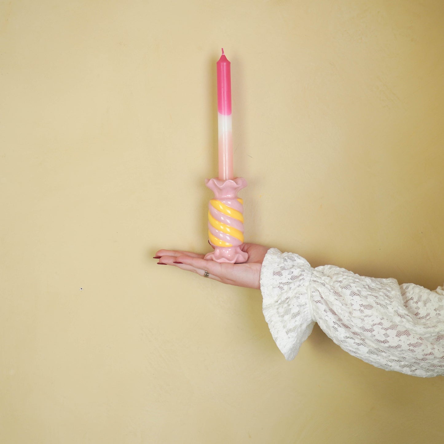 Candle Holder- Toffee Candy - Ceramic-Pink/ Yellow- 7,5x7,5x13 cm