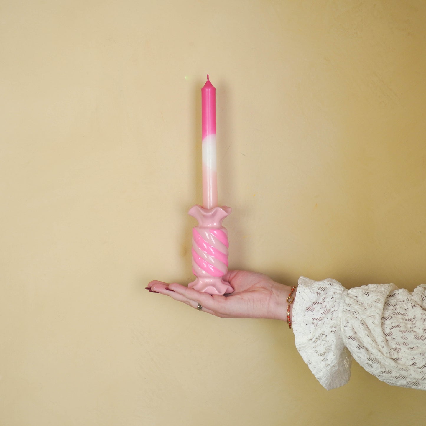 Candle Holder- Toffee Candy - Ceramic-Pink/ Neon -7,5x7,5x13 cm
