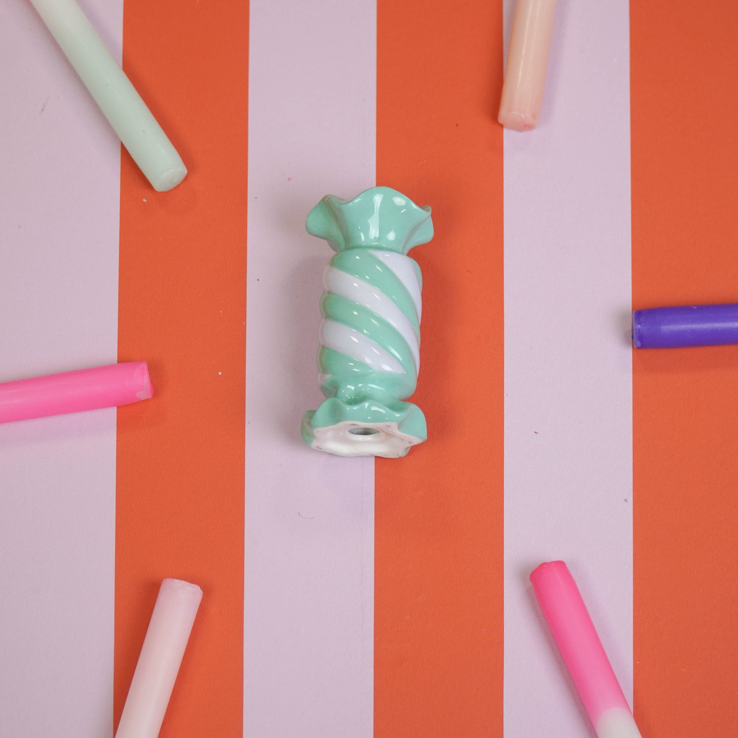 Candle Holder- Toffee Candy - Ceramic-Mint/ Lilac- 7,5x7,5x13 cm
