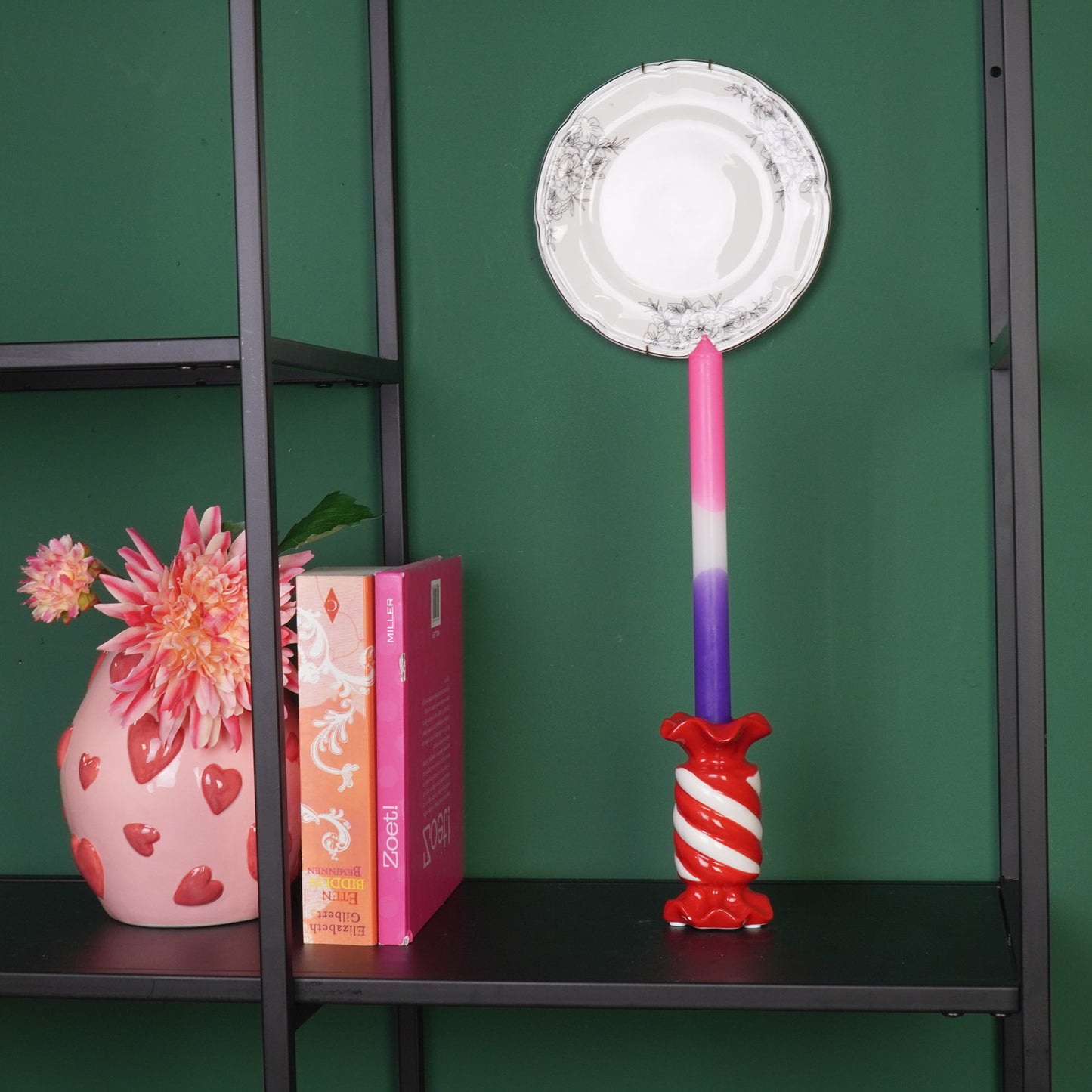 Candle Holder- Toffee Candy - Ceramic- Red/ White- 7,5x7,5x13 cm