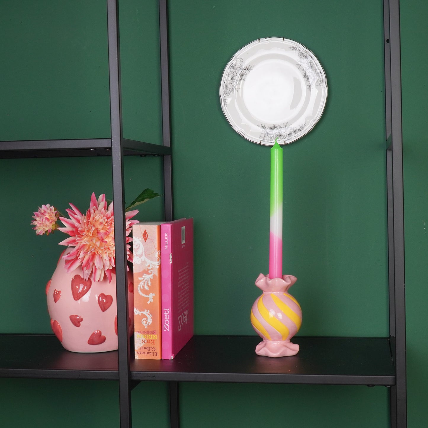 Candle Holder- Toffee Candy - Ceramic-Pink/ Yellow- 8,5x8,5x13 cm
