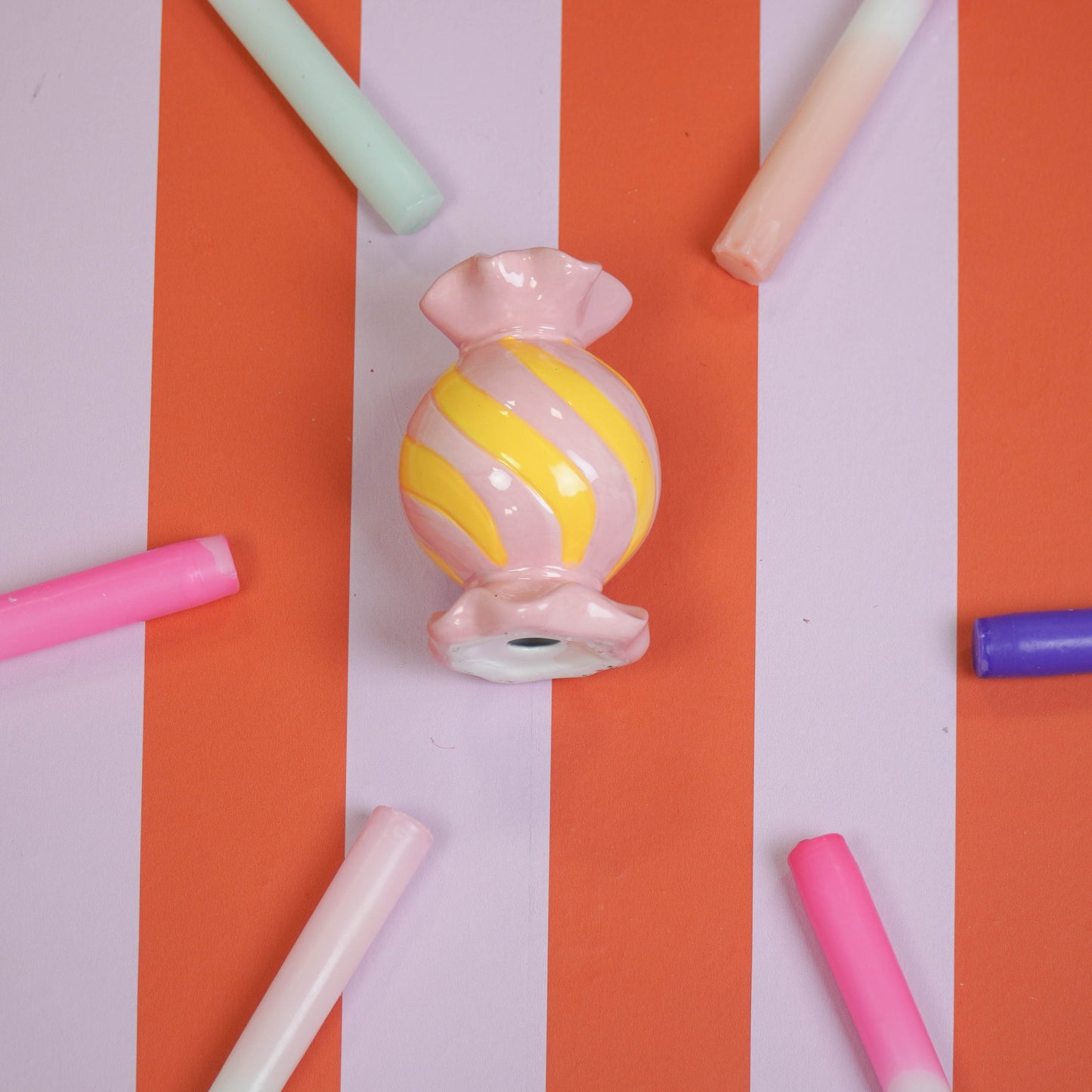 Candle Holder- Toffee Candy - Ceramic-Pink/ Yellow- 8,5x8,5x13 cm