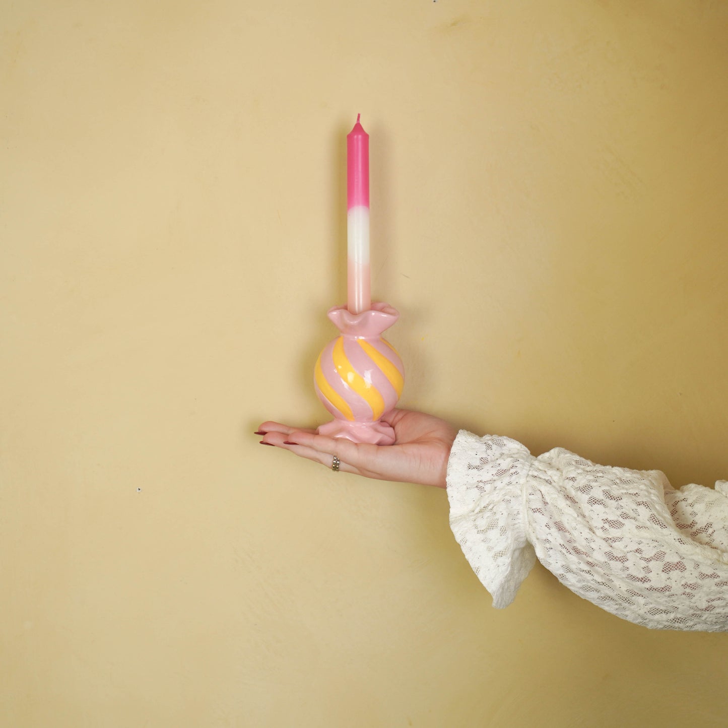 Candle Holder- Toffee Candy - Ceramic-Pink/ Yellow- 8,5x8,5x13 cm