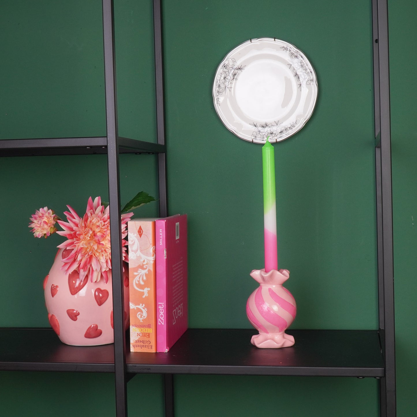 Candle Holder- Round Toffee Candy - Ceramic-Pink/ Neon -8,5x8,5x13 cm