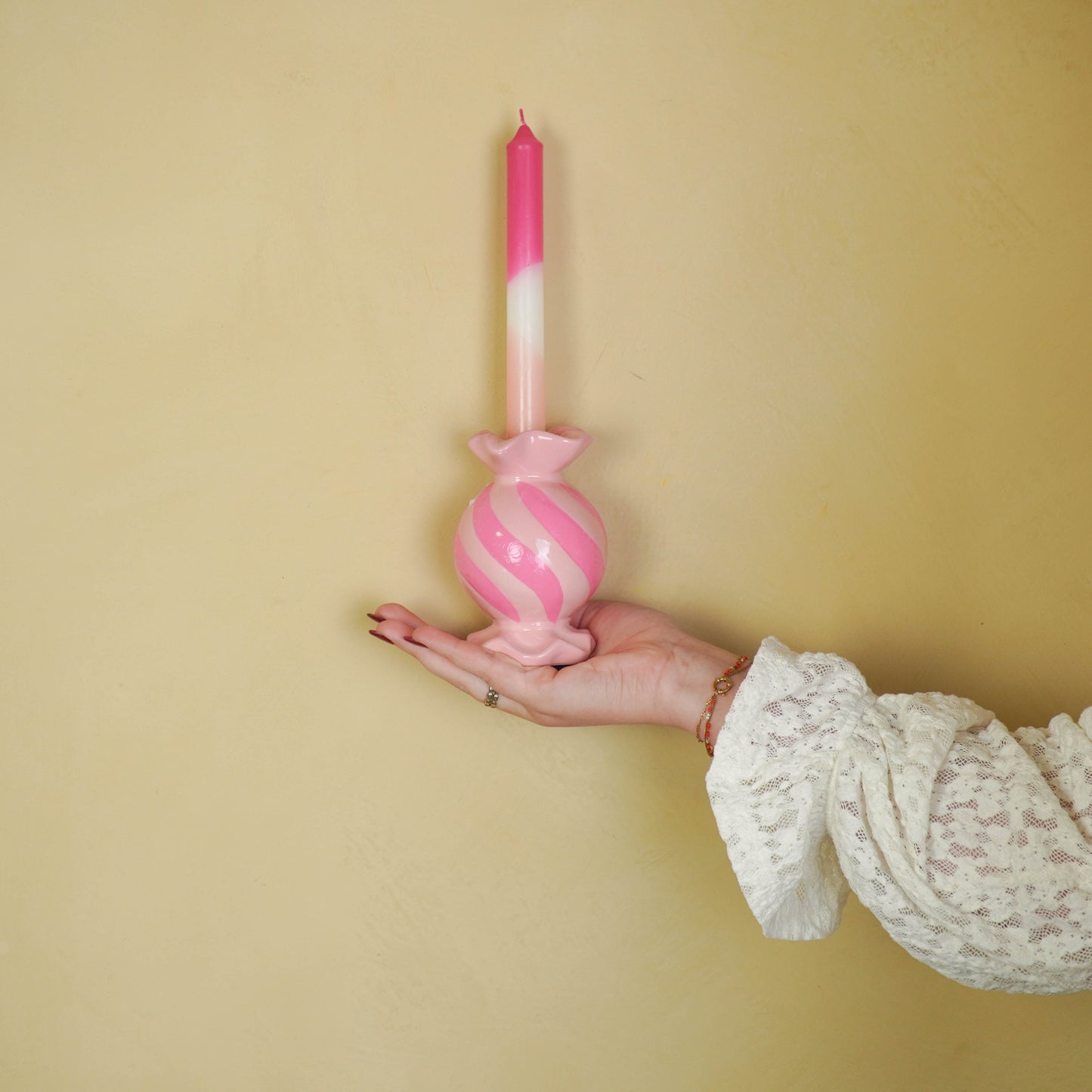 Candle Holder- Round Toffee Candy - Ceramic-Pink/ Neon -8,5x8,5x13 cm