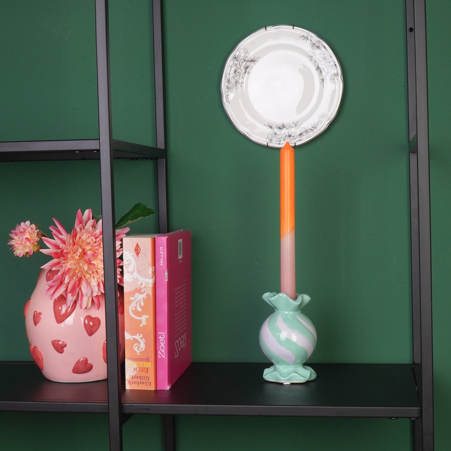 Candle Holder- Round Toffee Candy - Ceramic-Mint/ Lilac- 8,5x8,5x13 cm