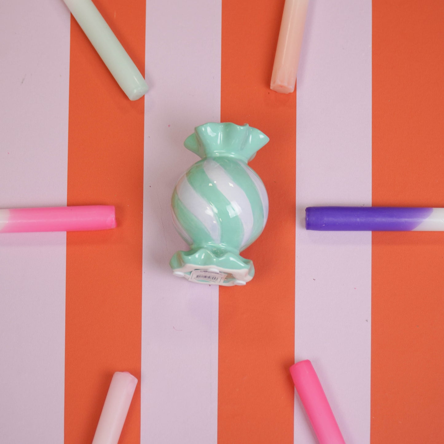 Candle Holder- Round Toffee Candy - Ceramic-Mint/ Lilac- 8,5x8,5x13 cm