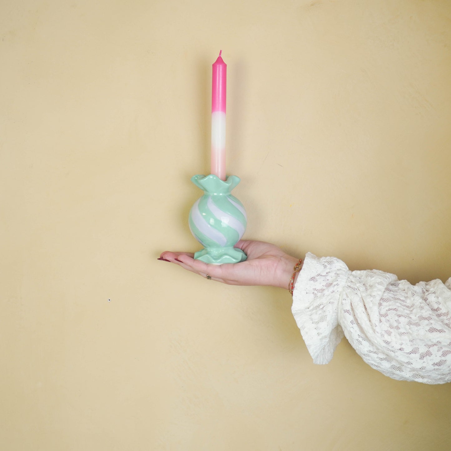 Candle Holder- Round Toffee Candy - Ceramic-Mint/ Lilac- 8,5x8,5x13 cm