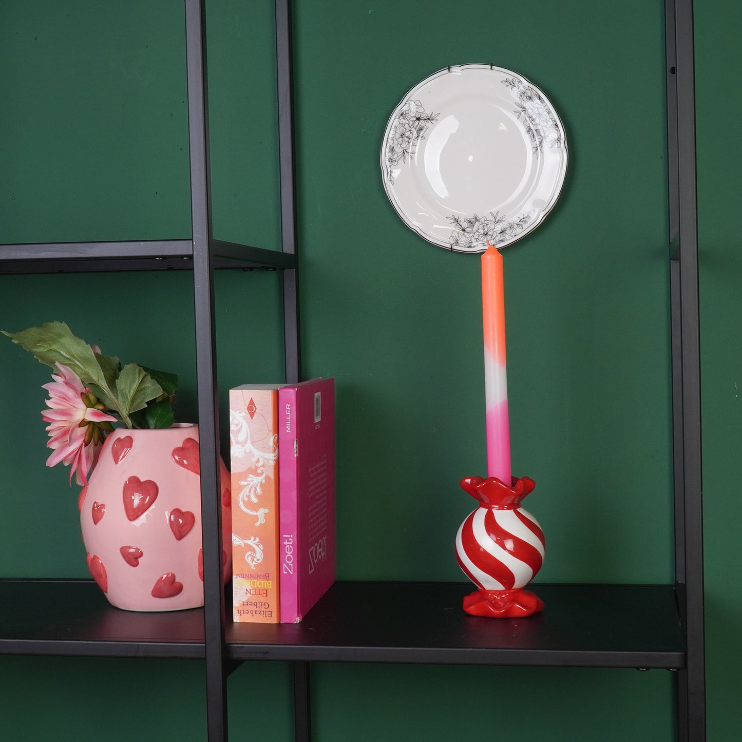 Candle Holder- Toffee Candy- Red/ White -8,5x8,5x13 cm