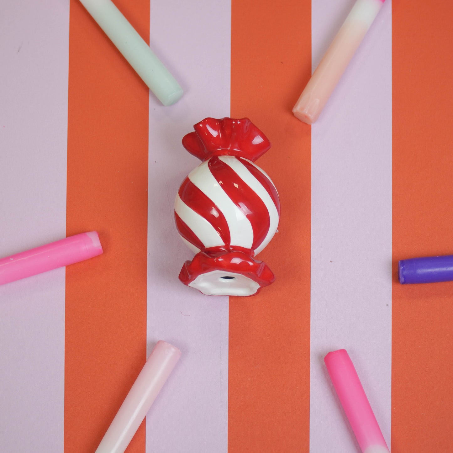Candle Holder- Toffee Candy- Red/ White -8,5x8,5x13 cm