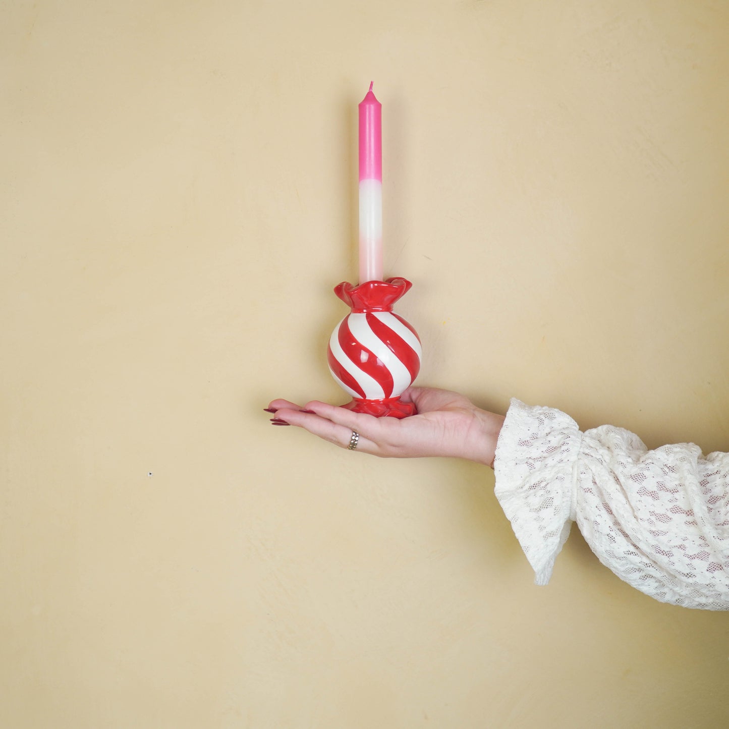 Candle Holder- Toffee Candy- Red/ White -8,5x8,5x13 cm