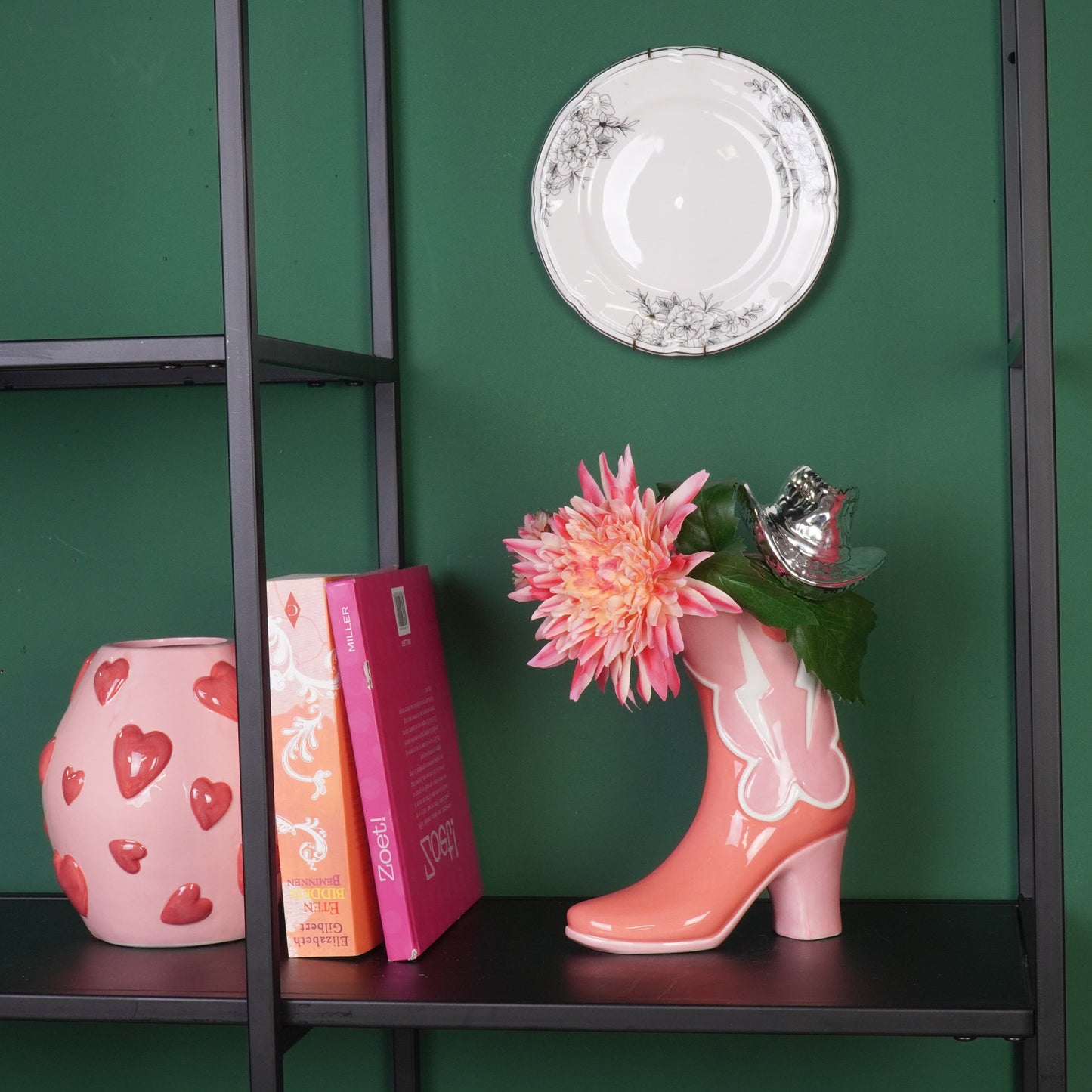 Flower Vase- Boot with Disco Hat Vase- Ceramics- Pink/ Orange-16,5x10.5x26,5cm