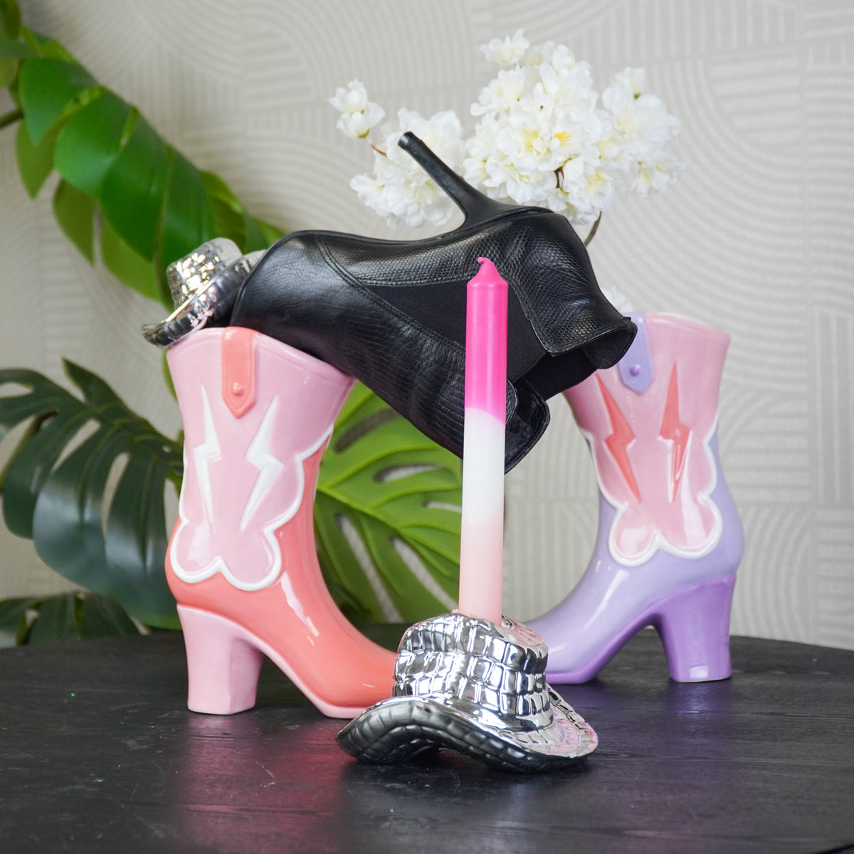 Flower Vase- Boot with Disco Hat Vase- Ceramics- Pink/ Orange-16,5x10.5x26,5cm
