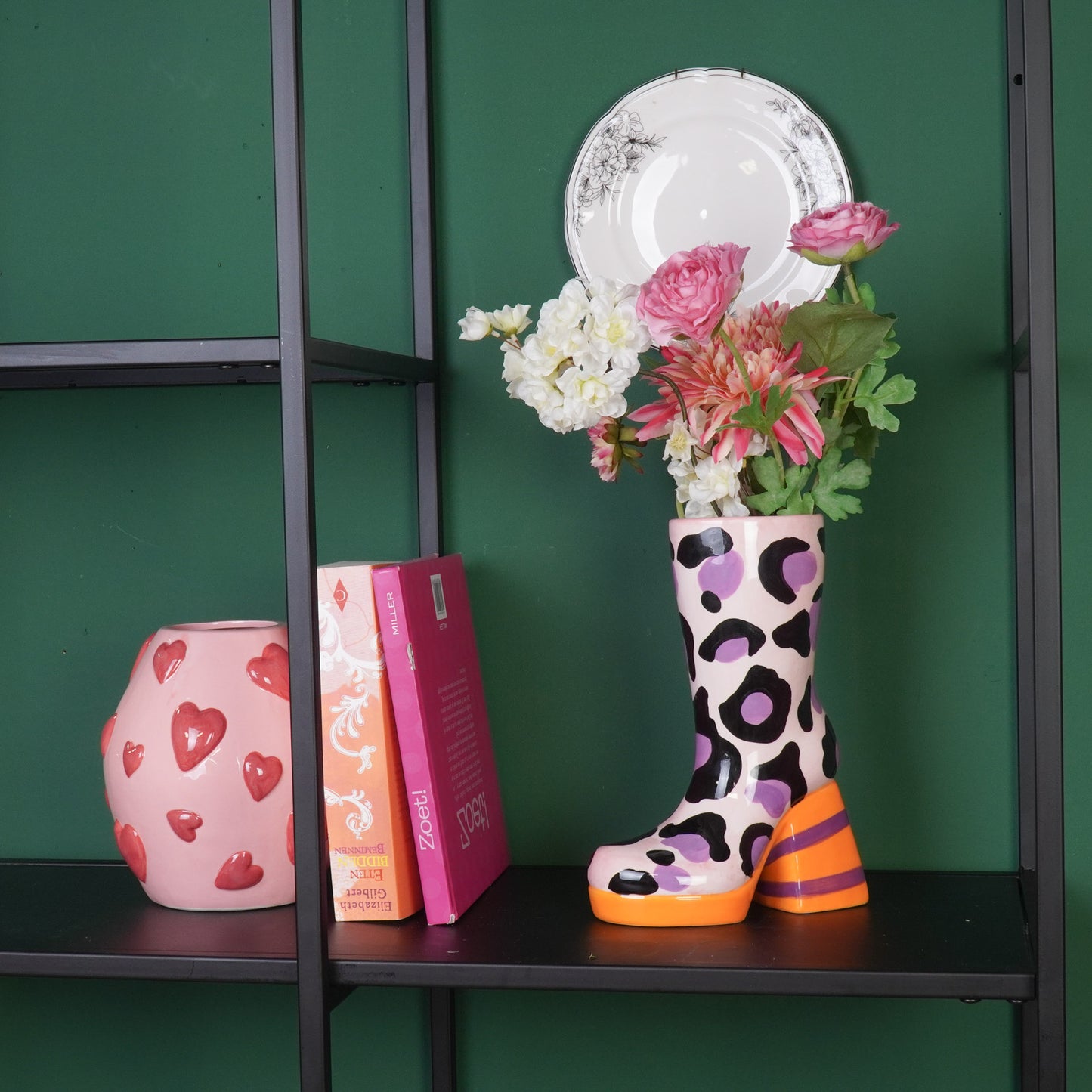 Flower Vase- Boot with Leopard Print Vase- Ceramics- Pink/ Orange-18x8x24 cm