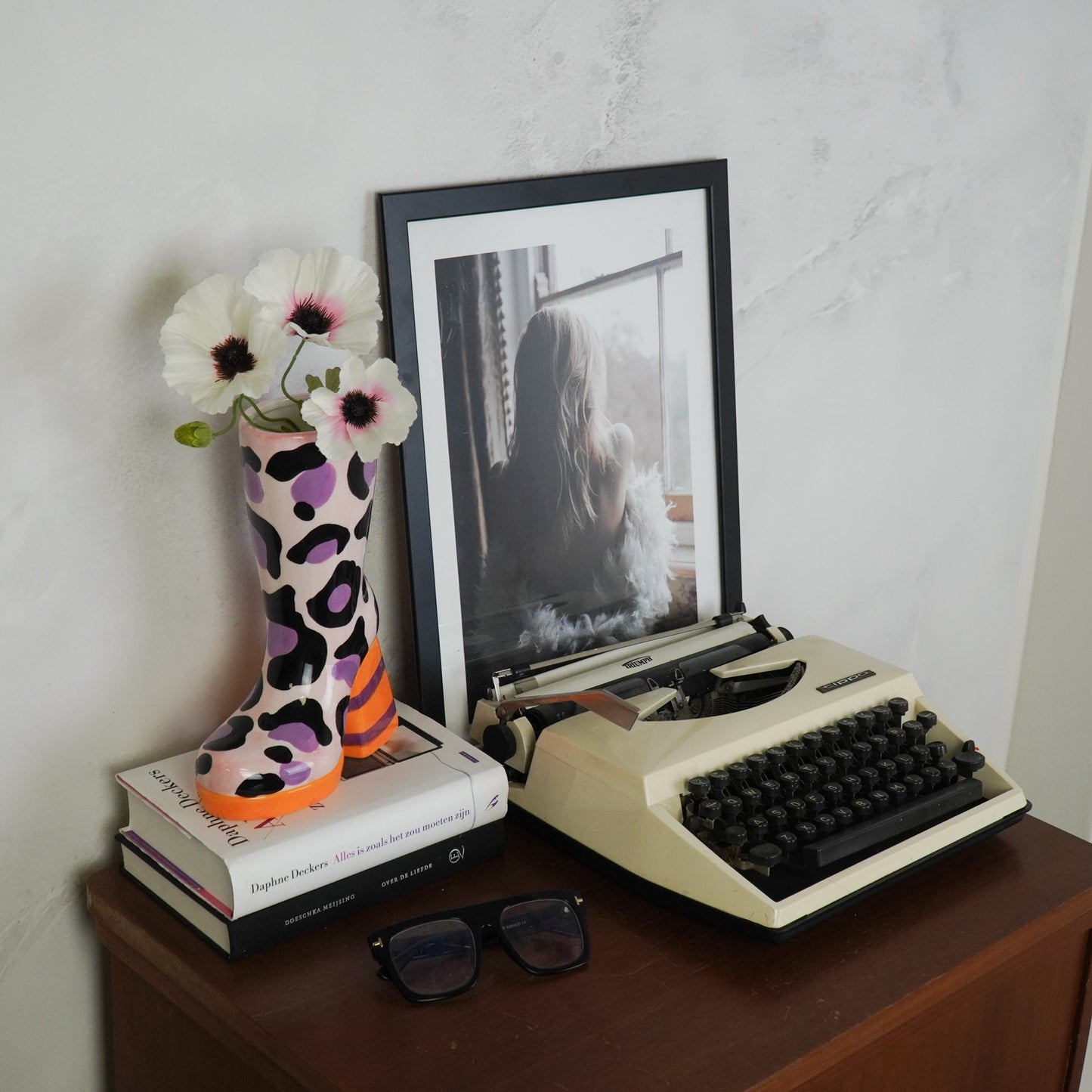 Flower Vase- Boot with Leopard Print Vase- Ceramics- Pink/ Orange-18x8x24 cm