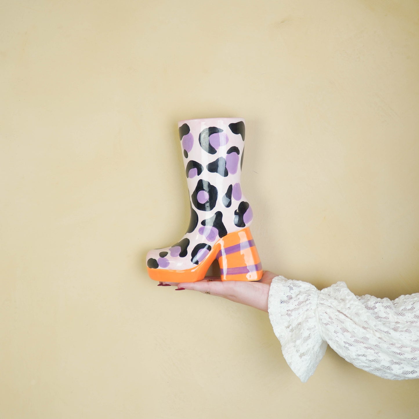 Flower Vase- Boot with Leopard Print Vase- Ceramics- Pink/ Orange-18x8x24 cm
