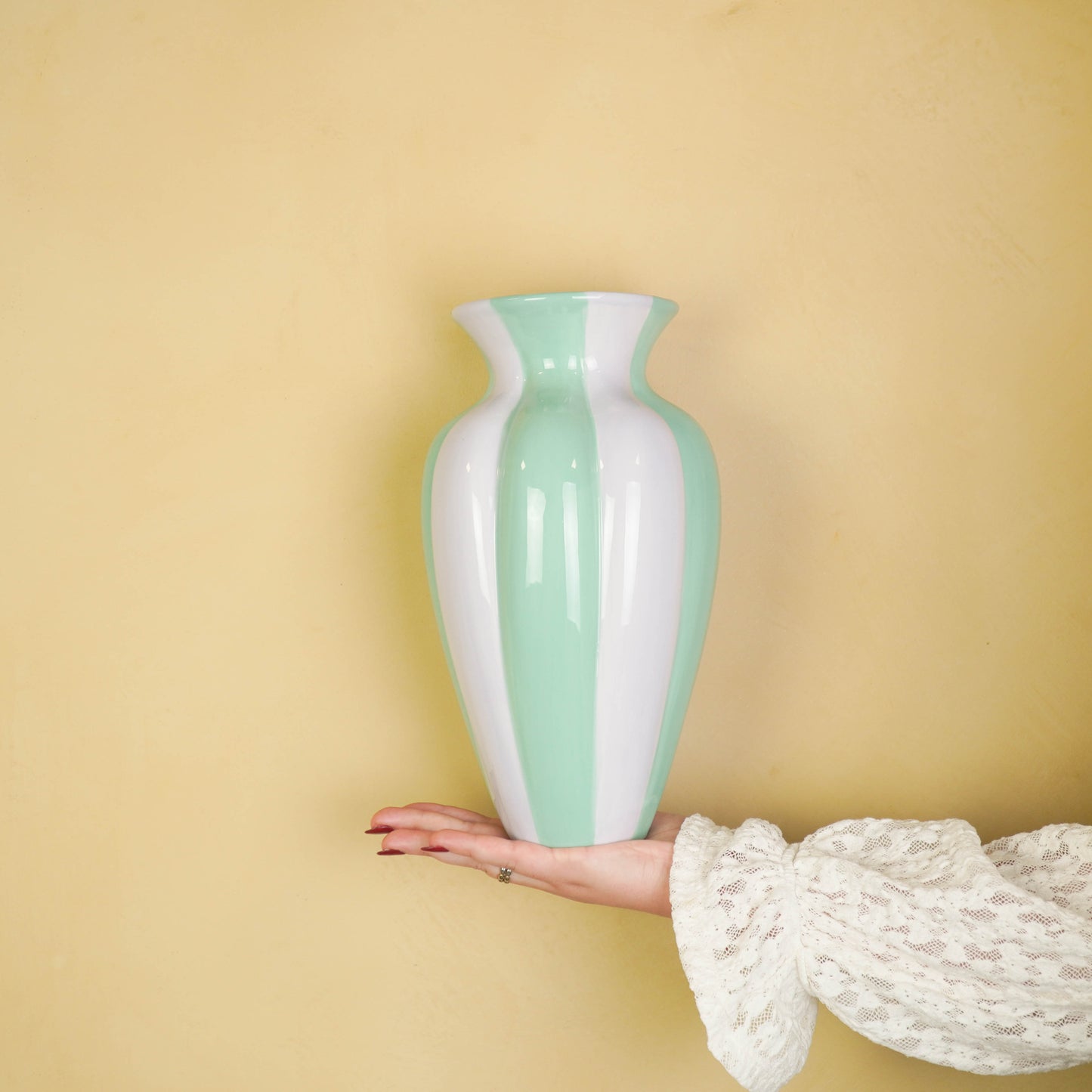 Flower Vase- Pleated Vase-Ceramic- Lilac/ Green- 16,5x16,5x29,5 cm