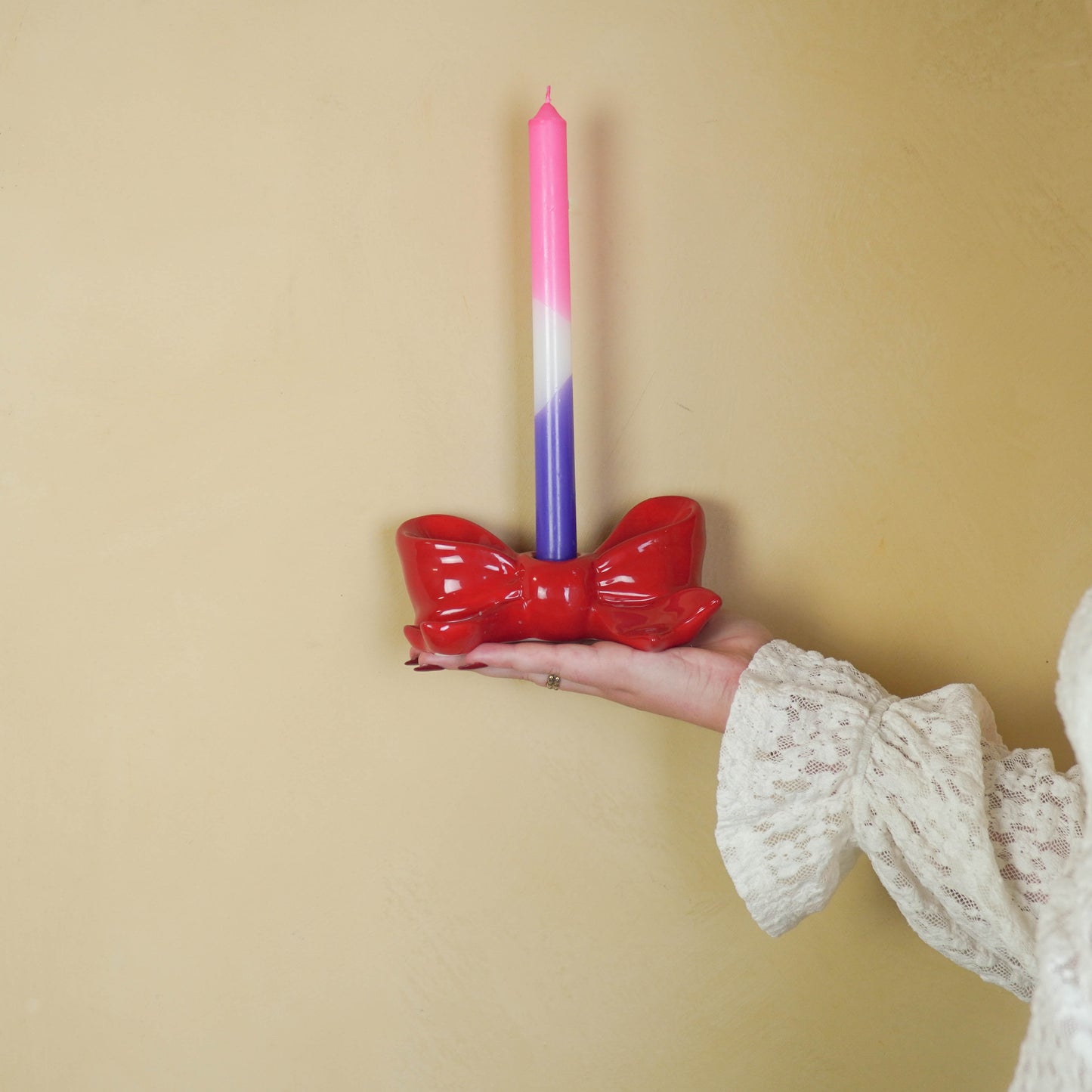 Candle Holder- Bow- Ceramic- Red- 18x9x7 cm