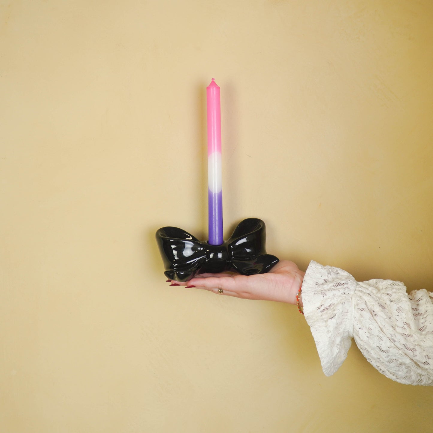 Candle Holder- Bow- Ceramic- Black- 18x9x7 cm