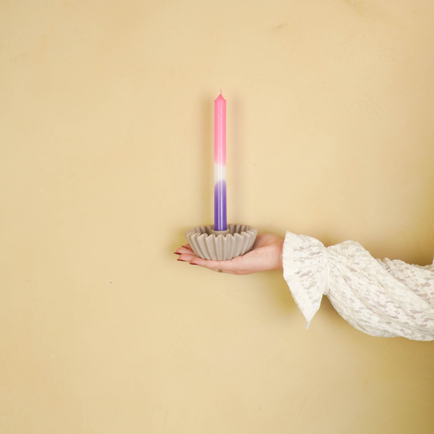 Pleated Candle Holder - Taupe- 12x12x4,5 cm