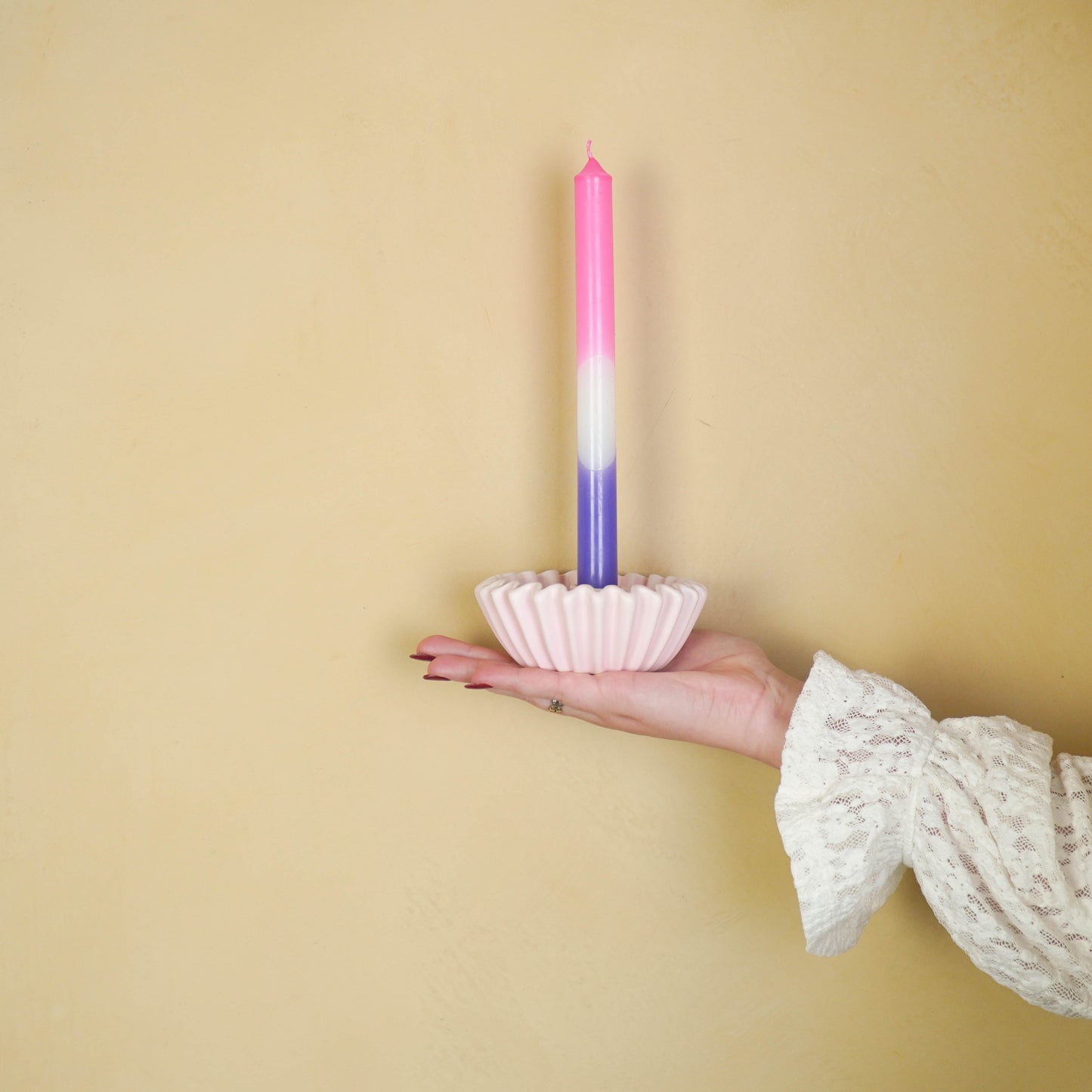 Pleated Candle Holder - Light Pink-12x12x4,5 cm