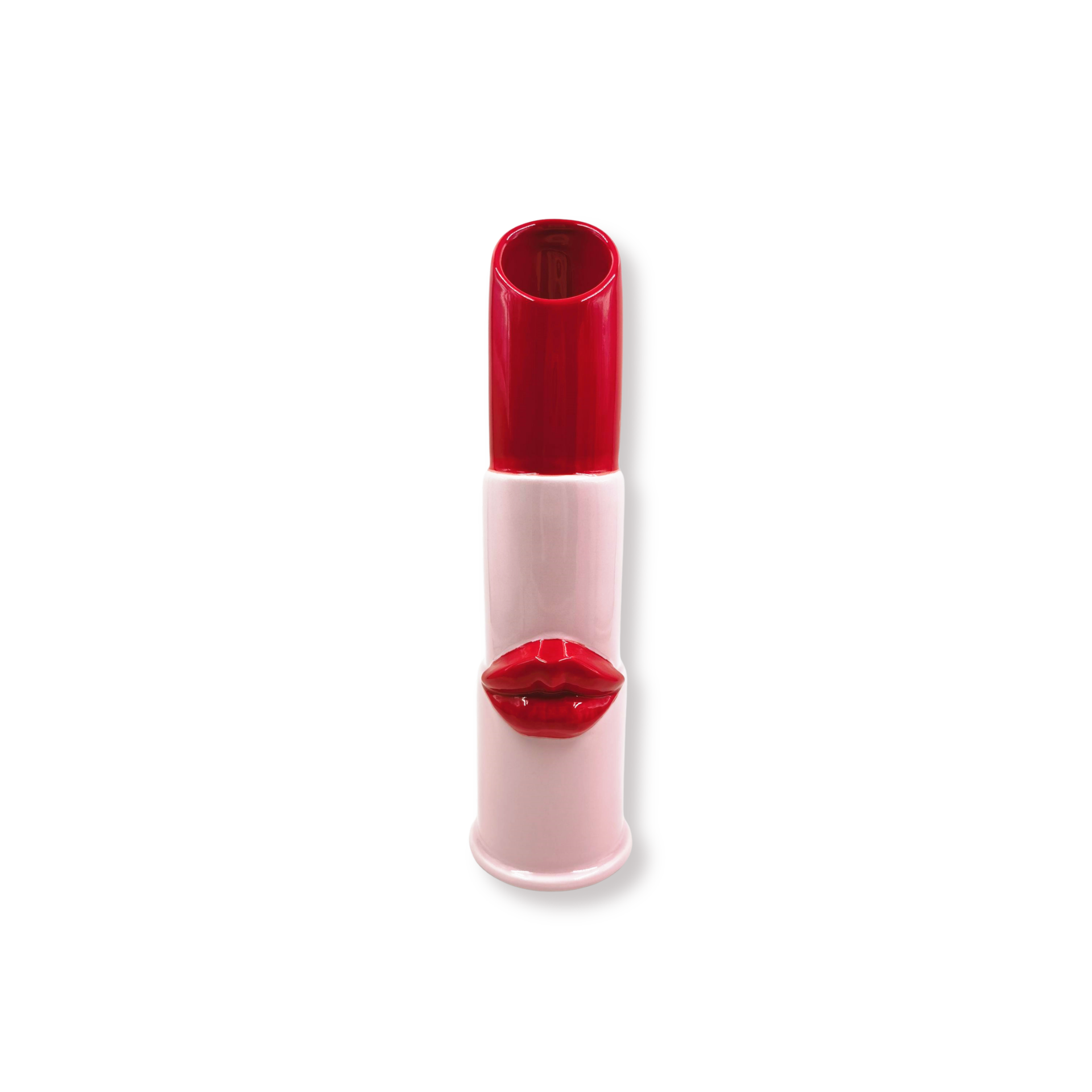 Vase - Lipstick - Ceramics - Light Pink/Red - 11x10x35cm