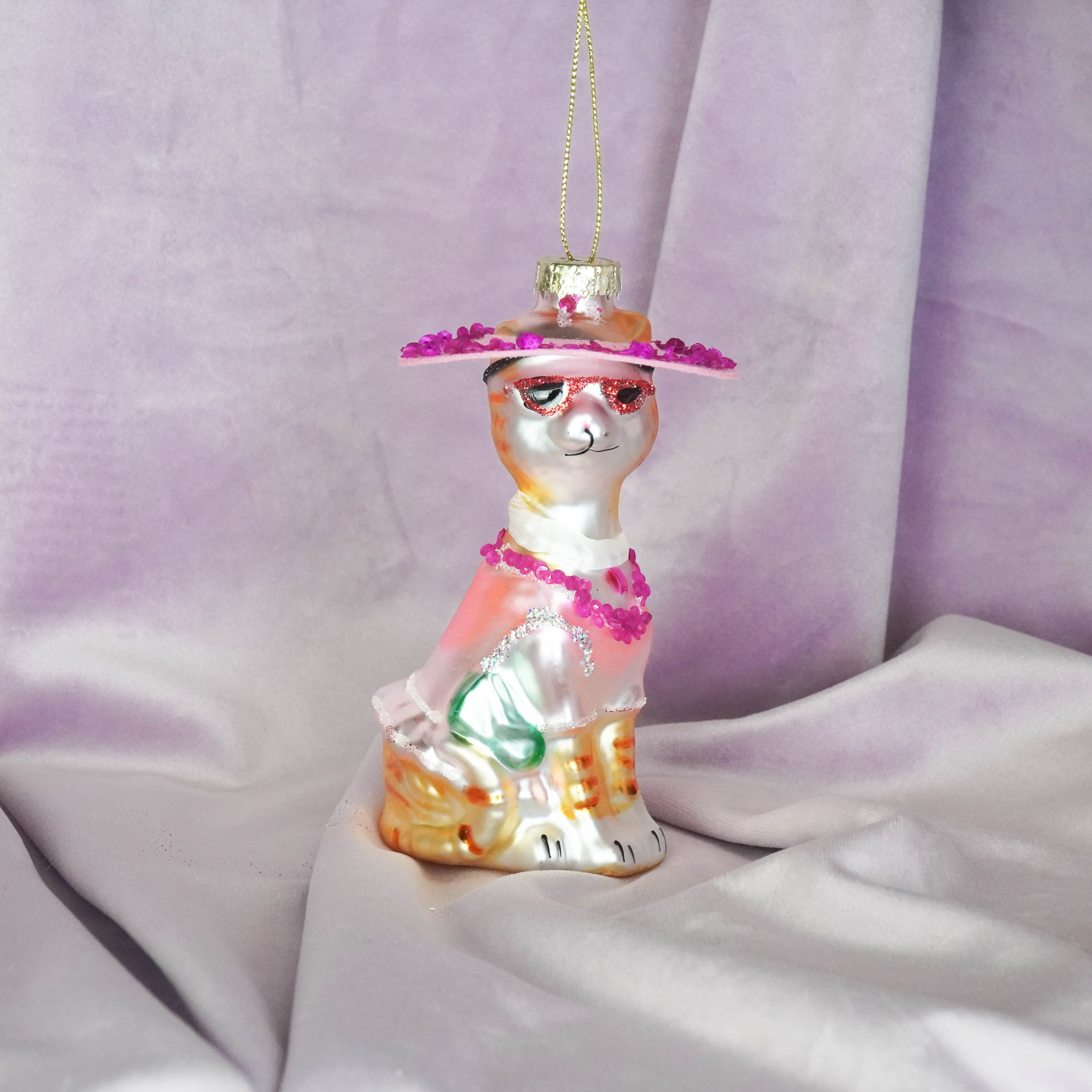 Xmas Hanger - Diva Cat- White/ Pink - Glass - 12x6x5cm