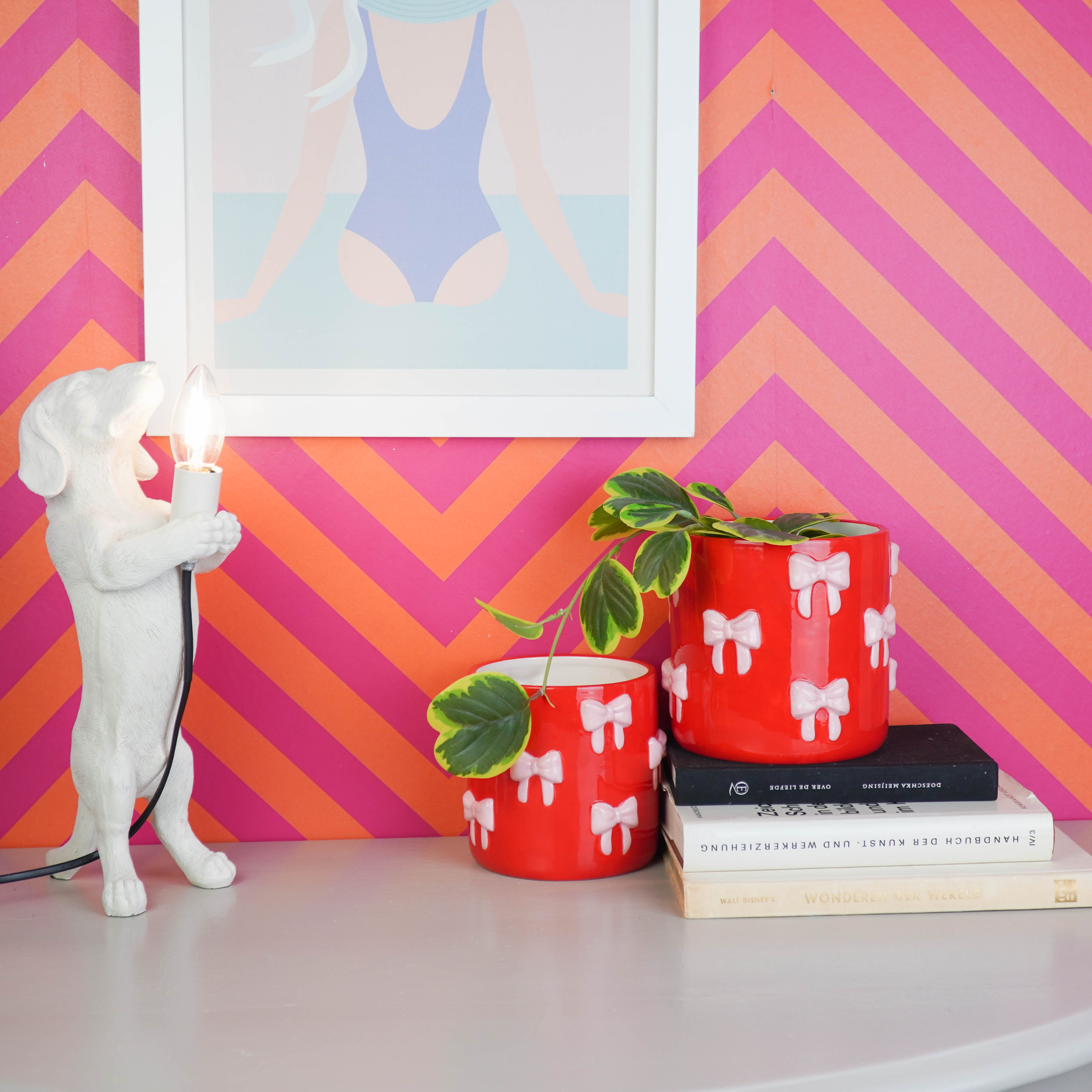 Pot - Flowerpot - Bow - Red/ Pink - 12.5x12.5x13cm
