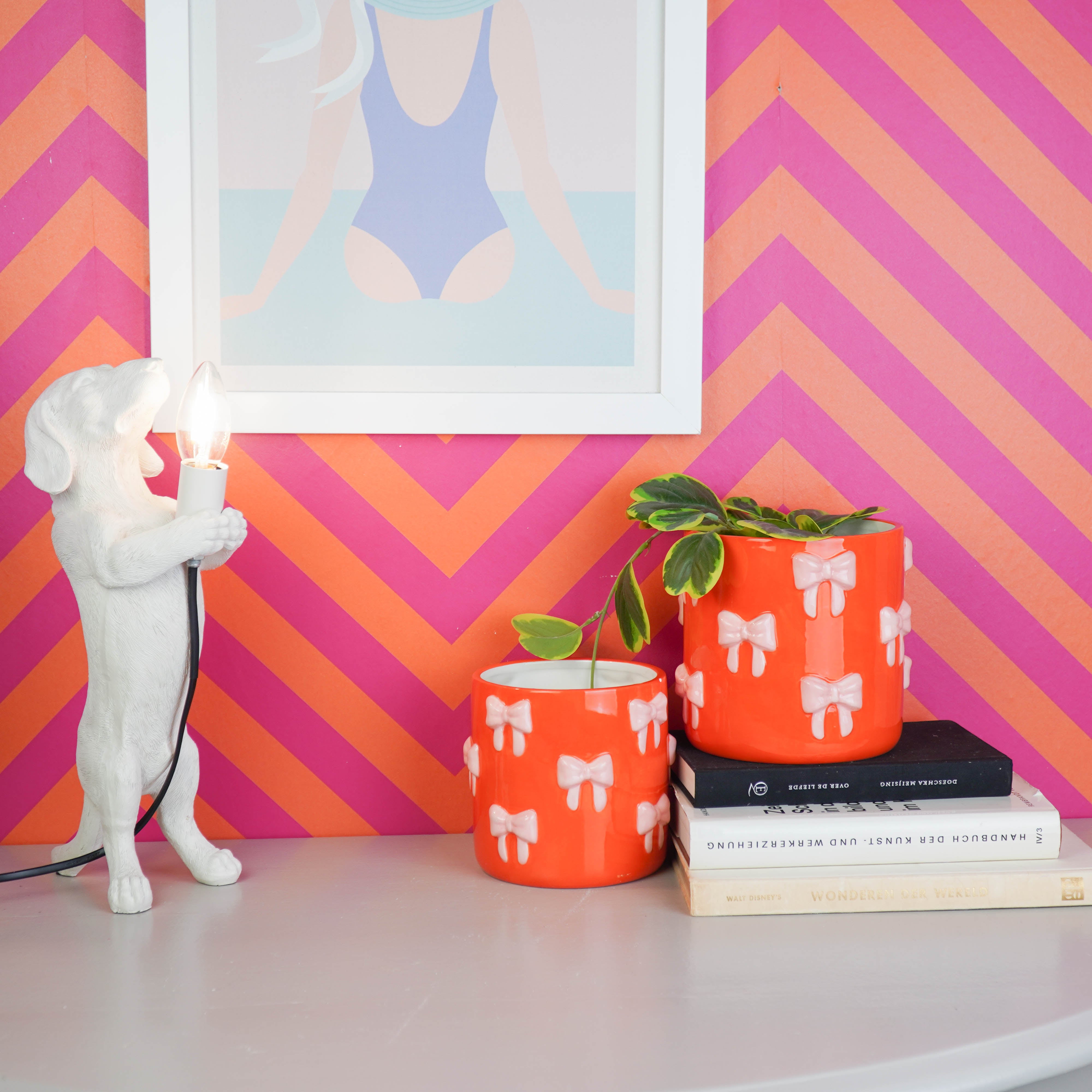 Pot - Flowerpot - Bow - Orange/Pink - 15.5x15.5x16cm