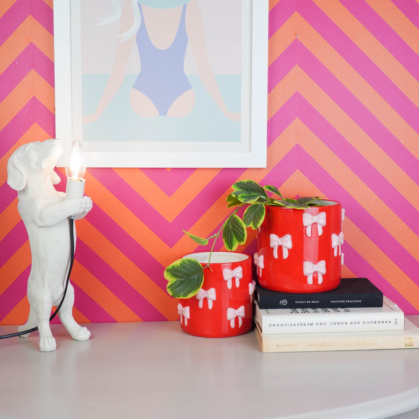 Pot - Flowerpot - Bow - Pink/Red - 15.5x15.5x16cm