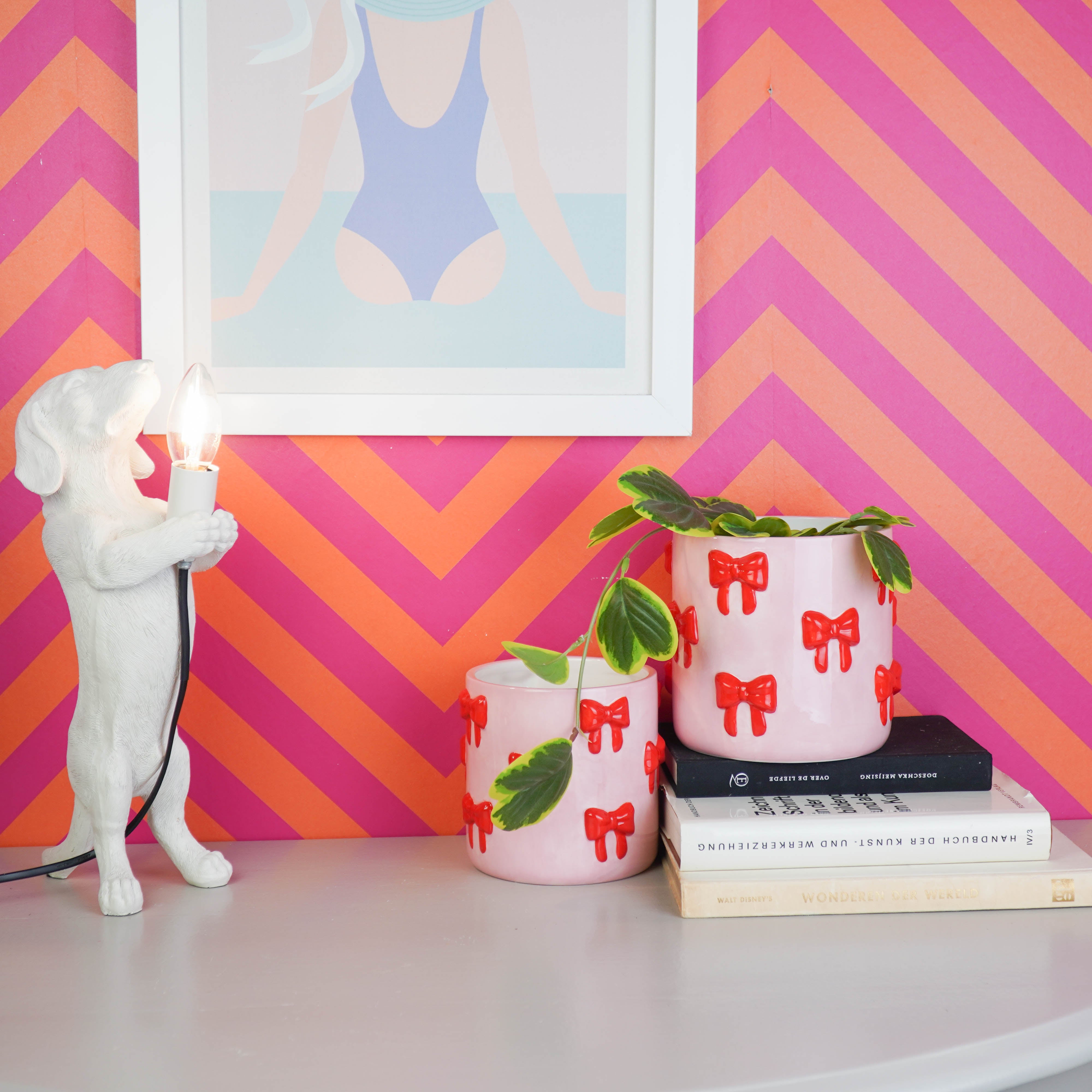 Pot - Flowerpot - Bow - Light Pink/Red - 15.5x15.5x16cm
