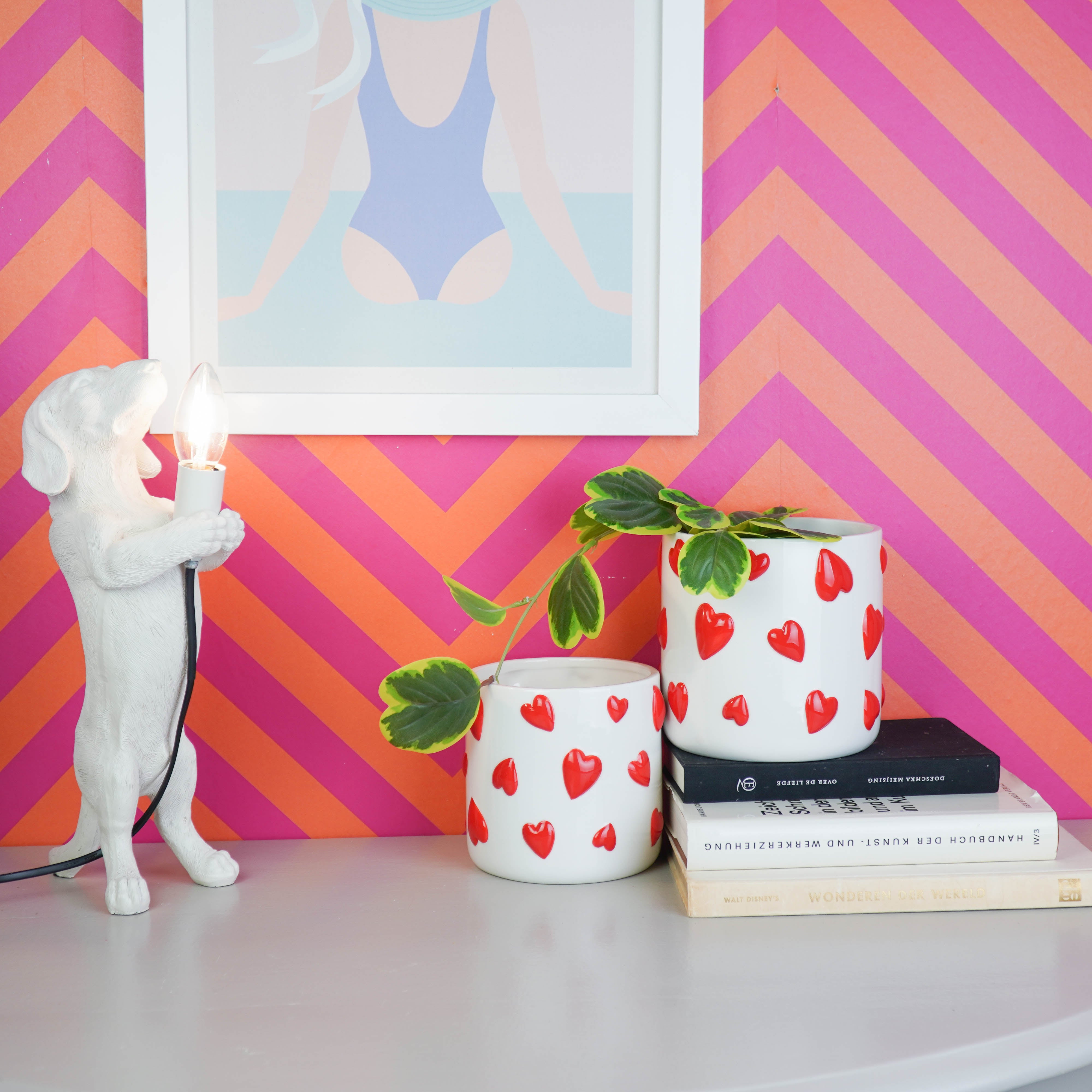 Pot - Flowerpot - Hearts - White/Red - 12.5x12.5x13cm