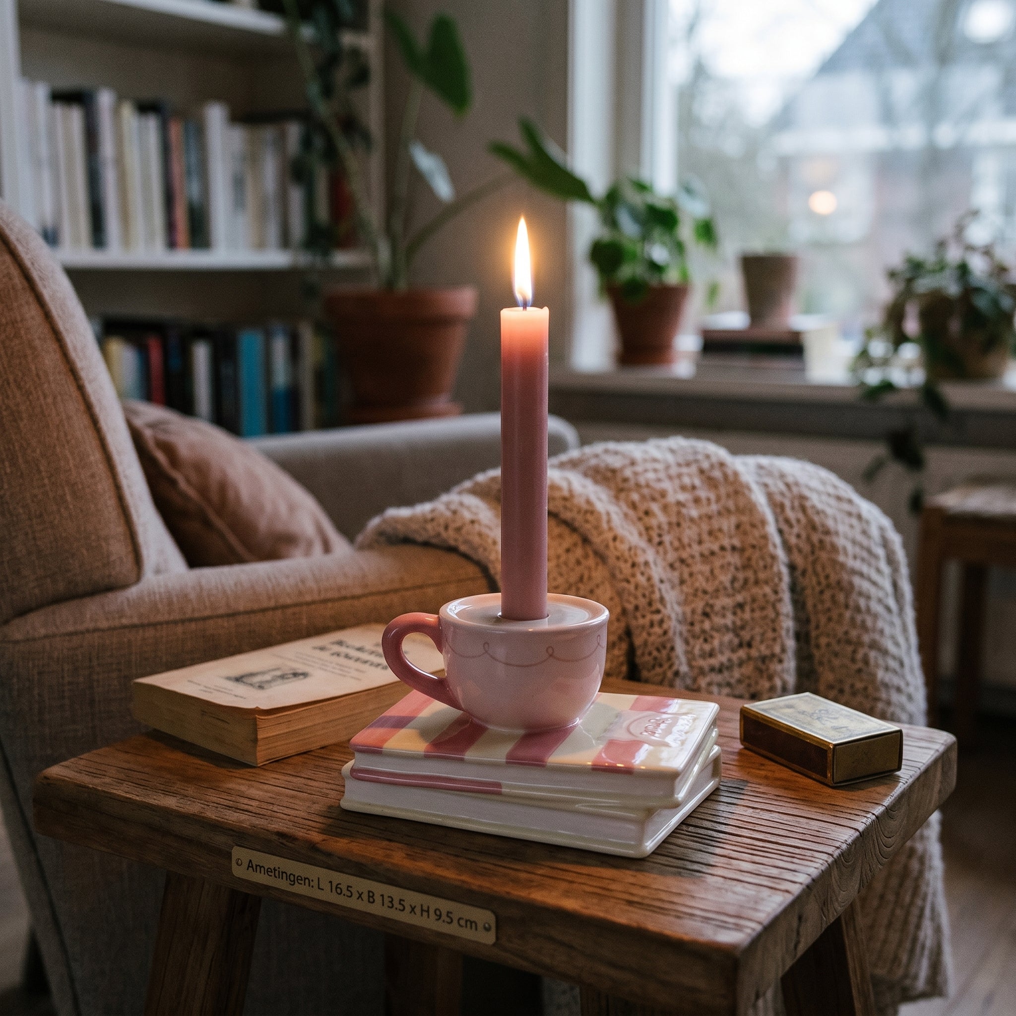 Candle Holder - Cup on books - Yellow/Pink - 16,5x13,5x9,5cm