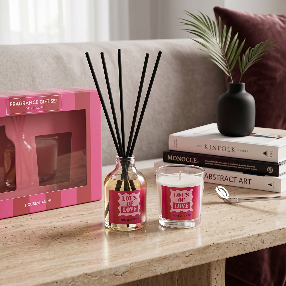 Fragrance Gift Set - Reed diffuser and Scented Candle - 'Lot's of Love' - Red/ Pink - Velvet Musk