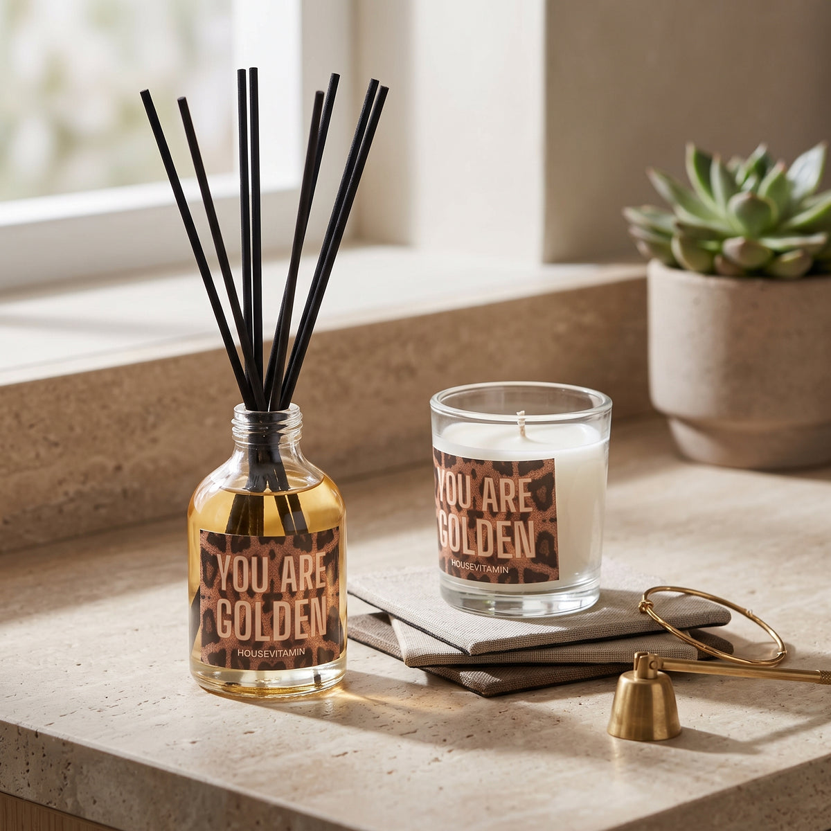 Fragrance Gift Set - Reed diffuser and Scented Candle - 'You are Golden' - Panter - Amber
