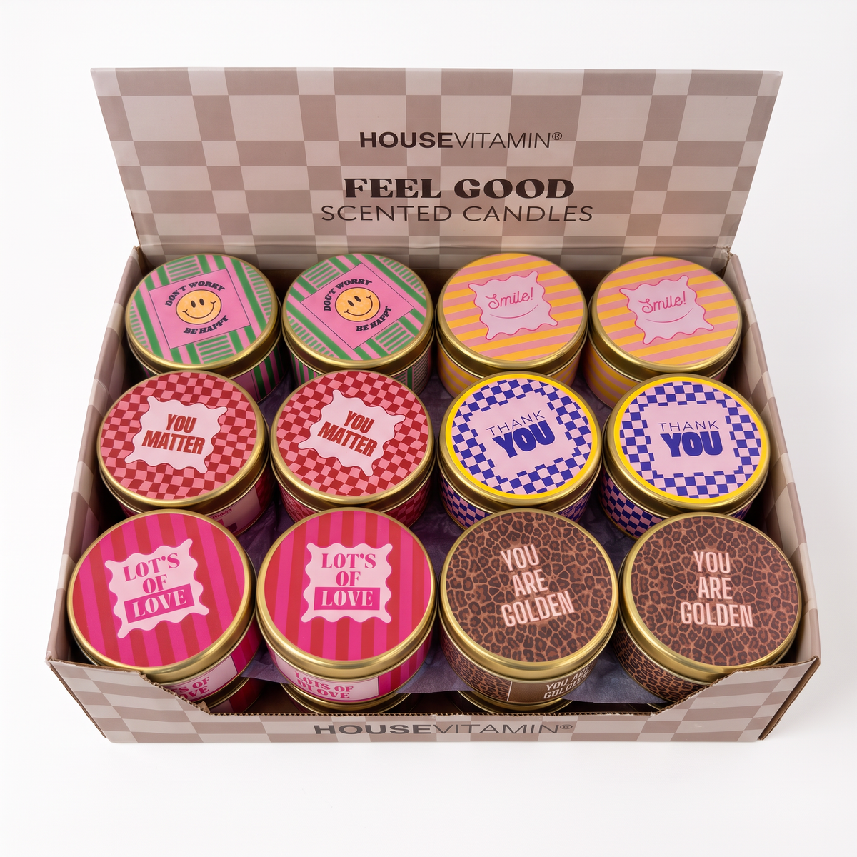 Scented Candle Display – 24 Feel Good Tin Candles – 23 x 30.5 x 21 cm
