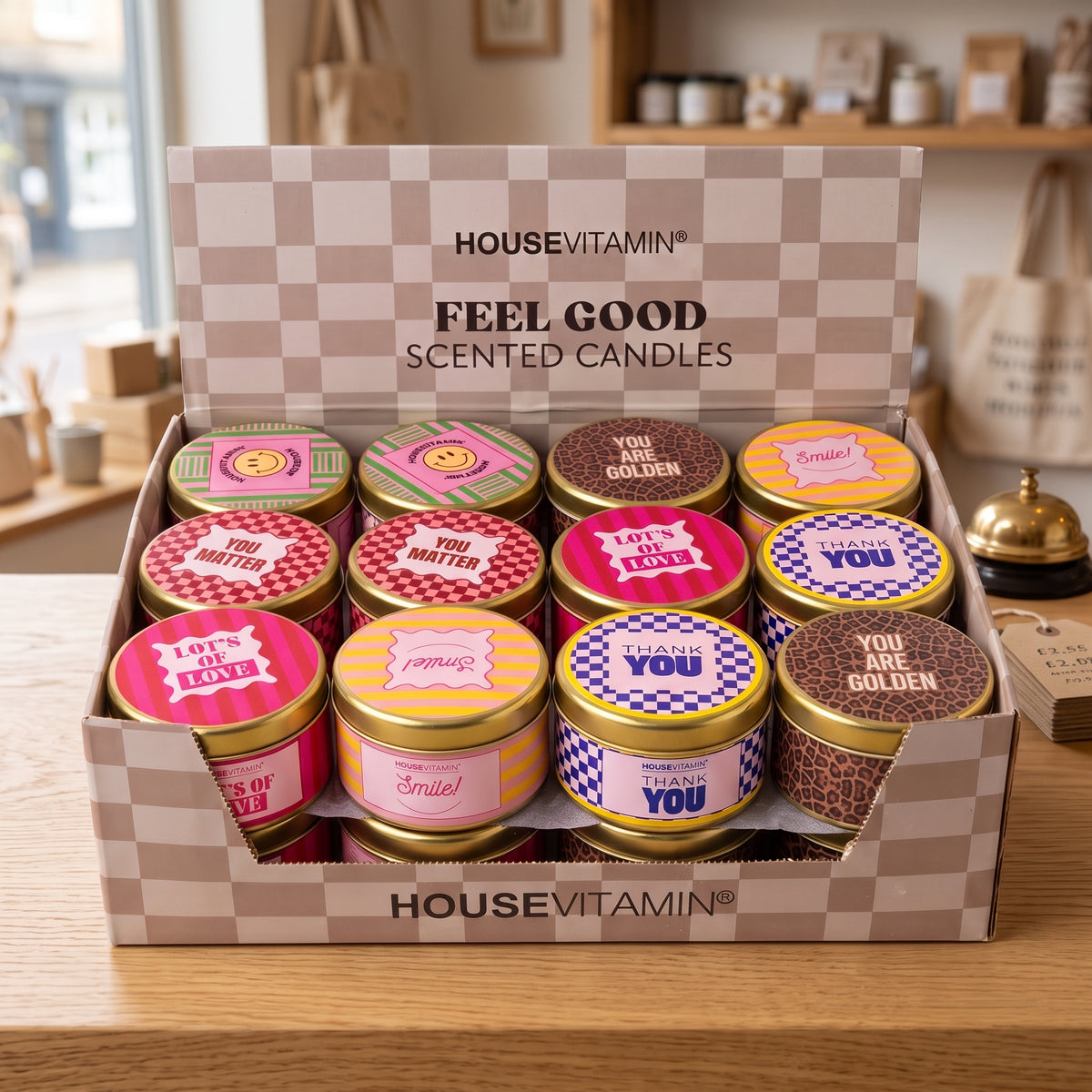 Scented Candle Display – 24 Feel Good Tin Candles – 23 x 30.5 x 21 cm