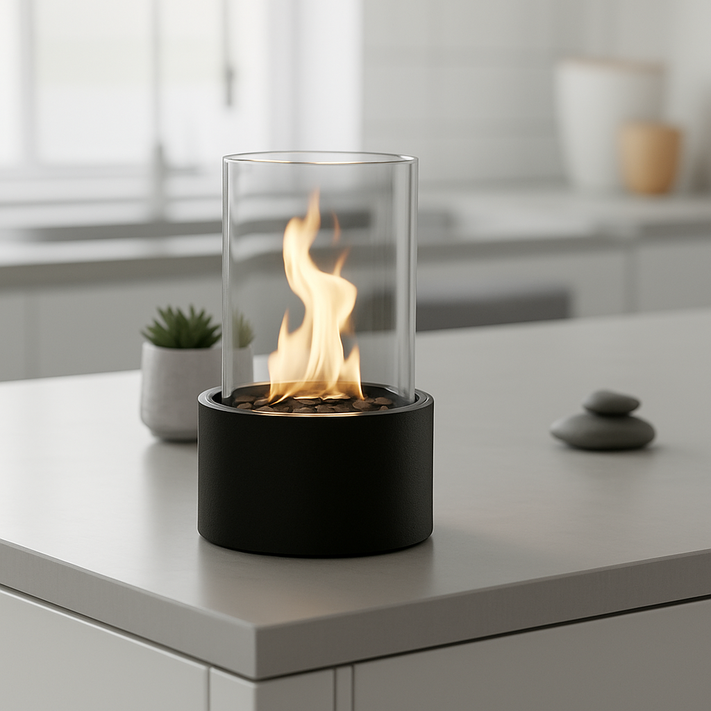 Table Fireplace - Round - Metal/Glass - Black - 18x18x26,5cm