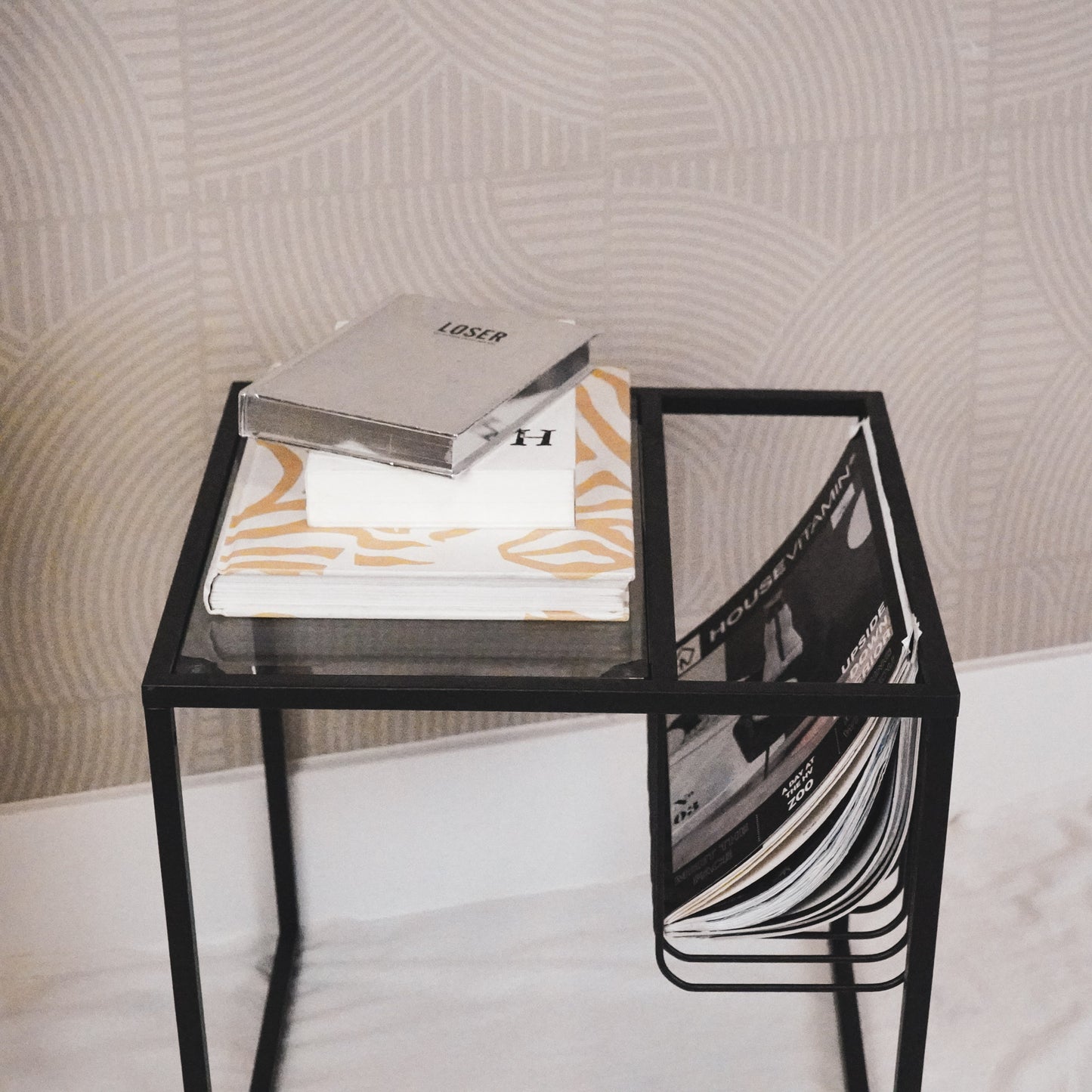 Side table- Glass Table Top with metal Storage Rack 40x40x40