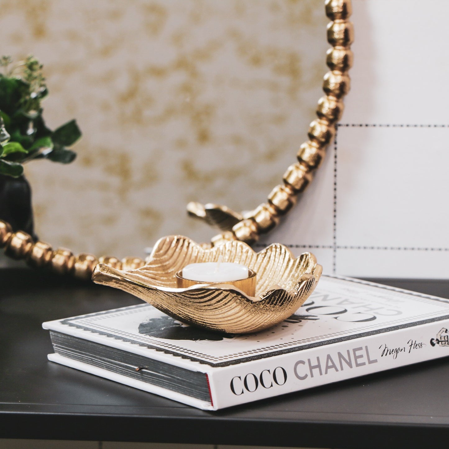 HV Candle holder Gingko- Gold- 10x8x4cm