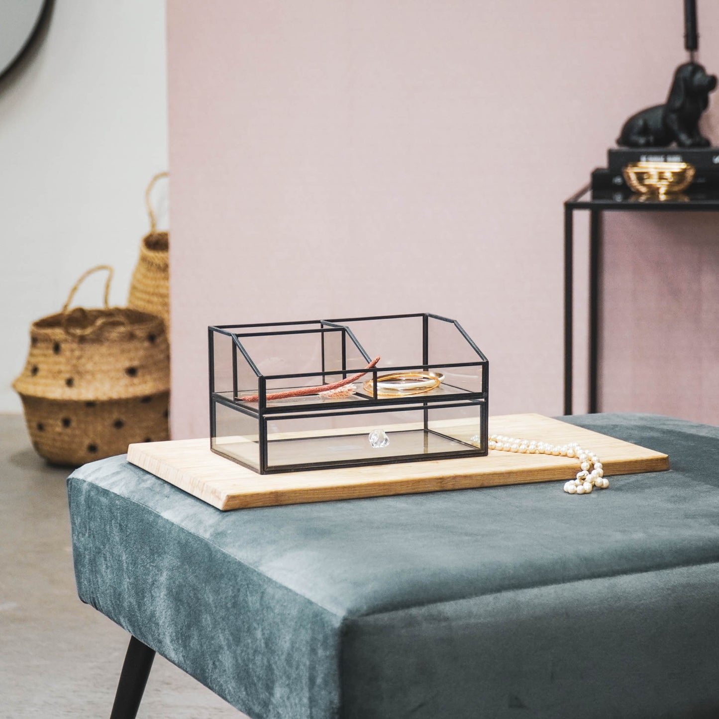 HV Glass Organizer with drawer - Black - 23x14x13 cm