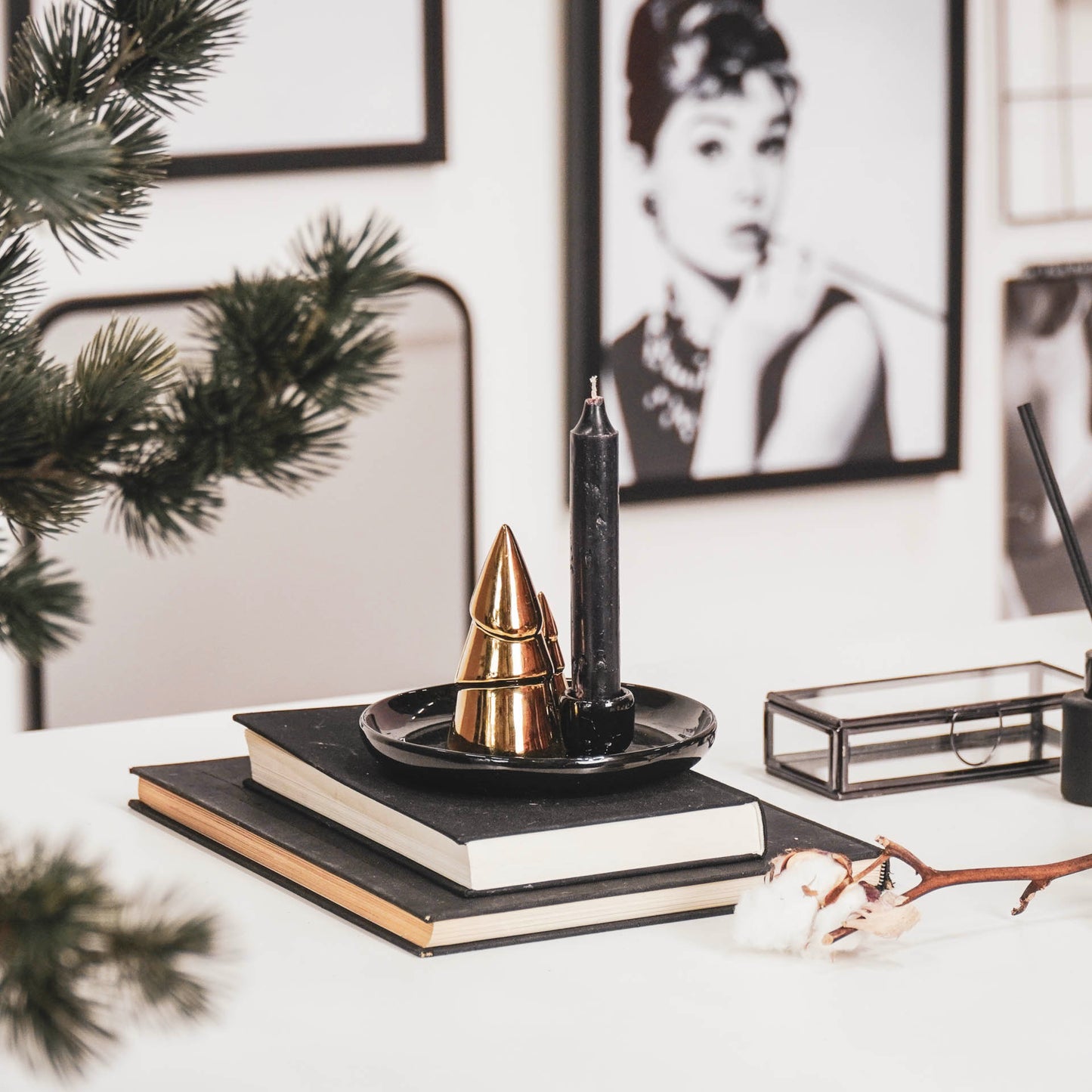 HV Candleholder Xmas trees - 15x15x11 cm - Black/Gold