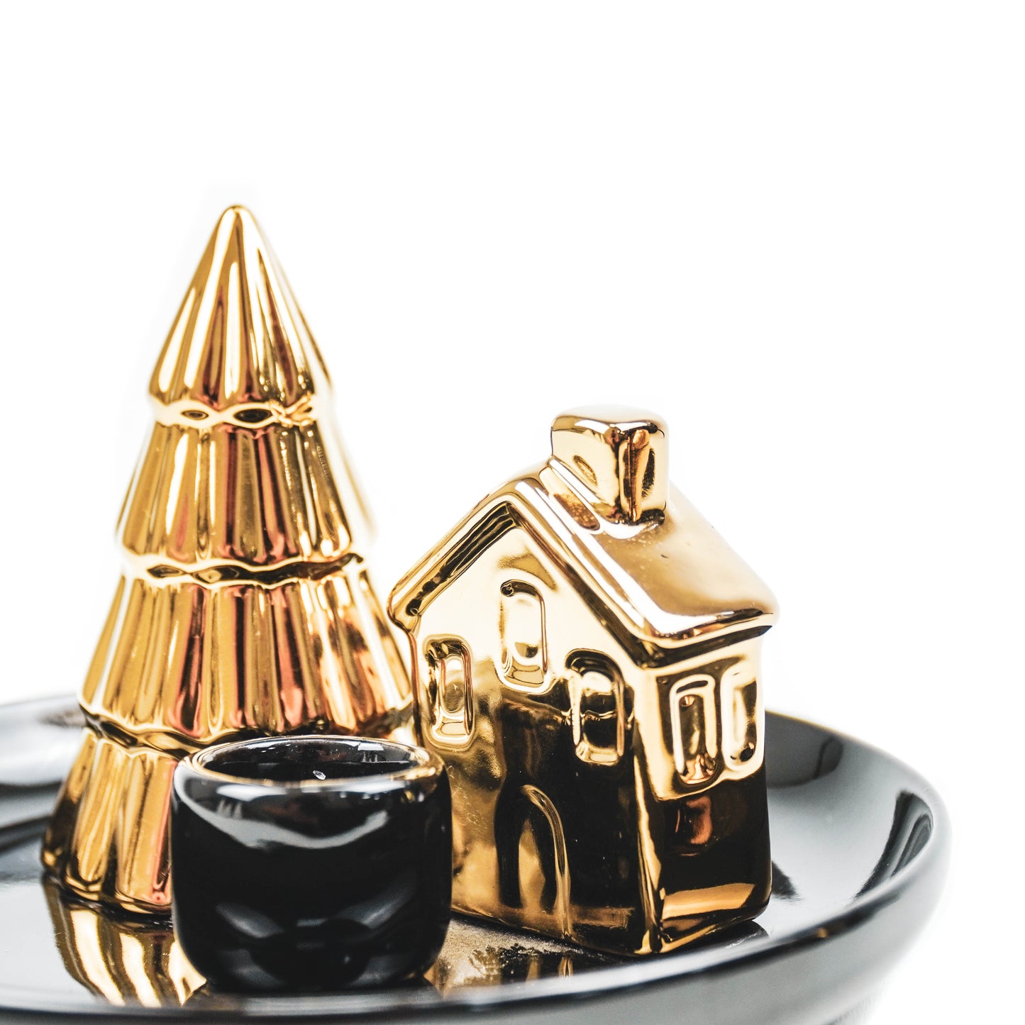 HV Candleholder Xmas tree and house - 15x15x11 cm - Black/Gold