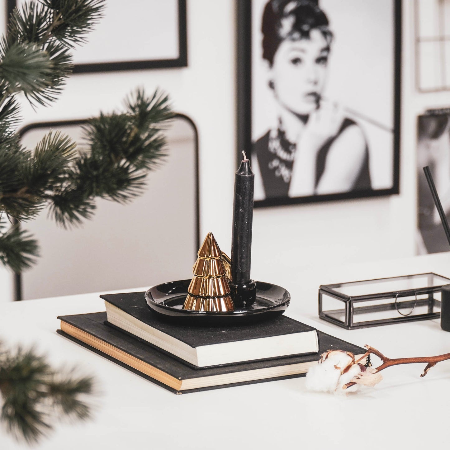 HV Candleholder Xmas tree and house - 15x15x11 cm - Black/Gold