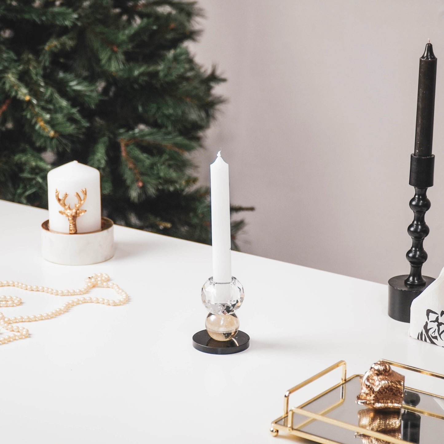 HV Crystal Candleholder - 6x6x8 cm- Clear/ Black