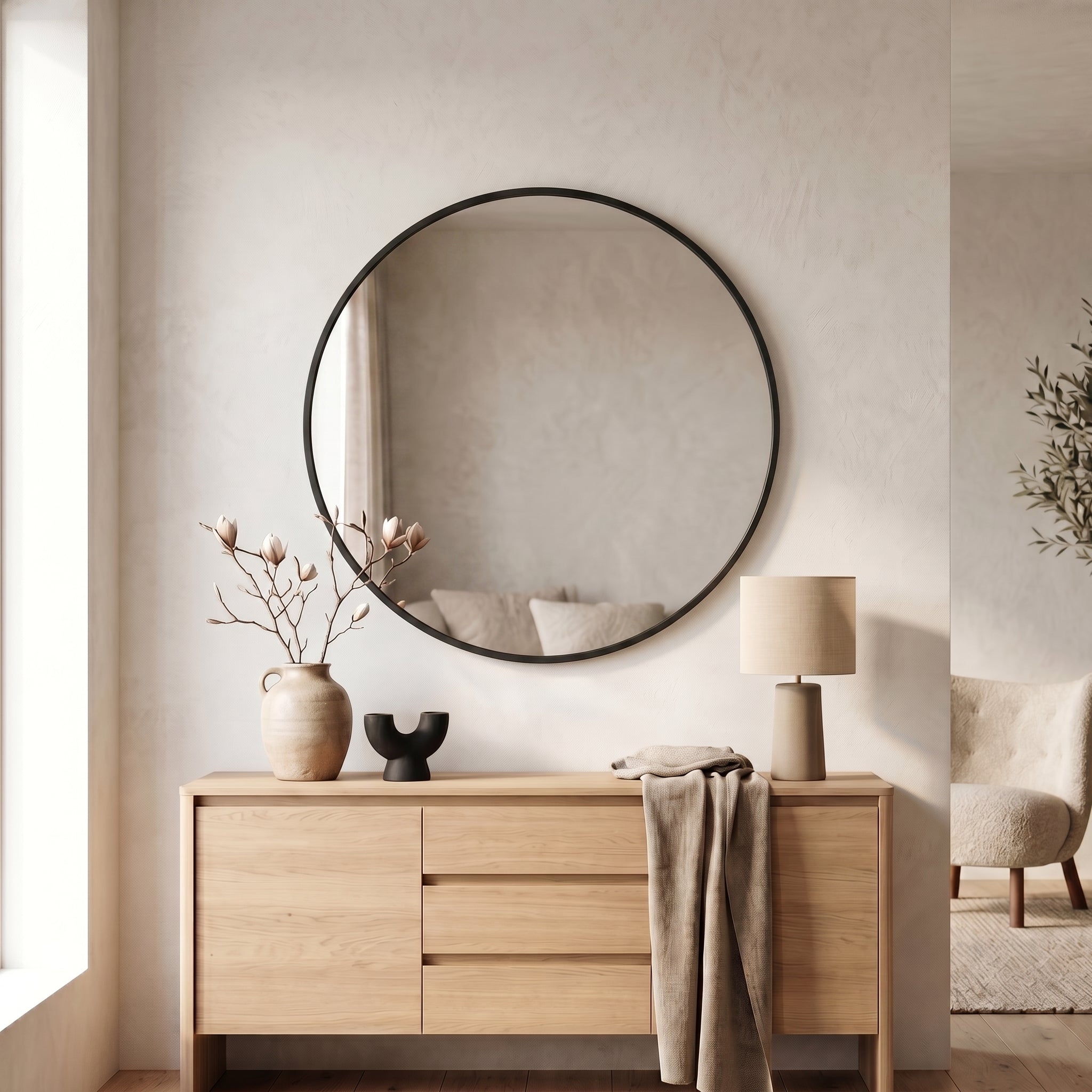 Spiegel - Wandspiegel Rond Ø80 cm –Metalen Rand - Zwart