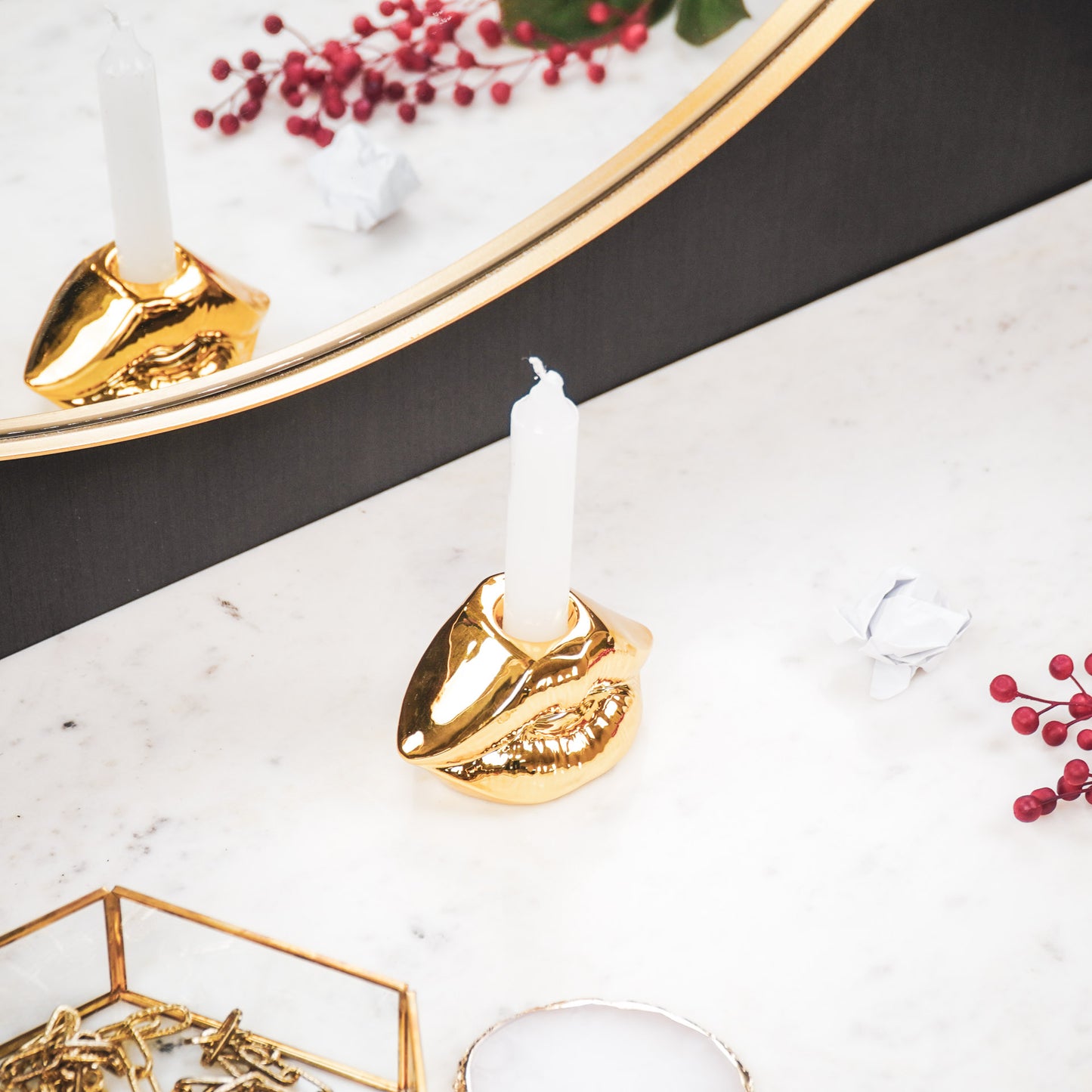 Candle holder - Lip - Ceramic - Gold - 10,5x6,5x5,5cm