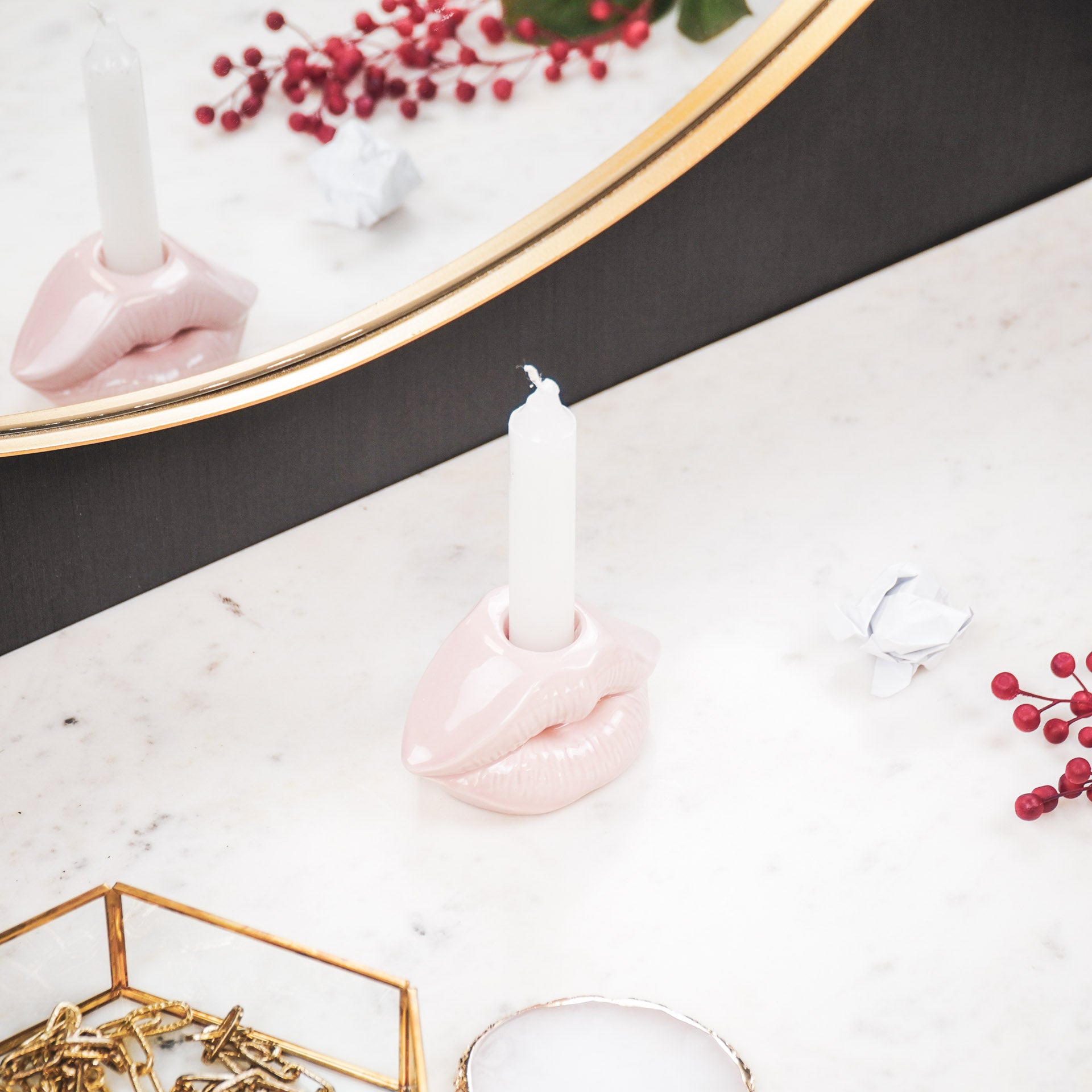 Candle holder - Lip - Ceramic - Light Pink - 10,5x6,5x5,5cm