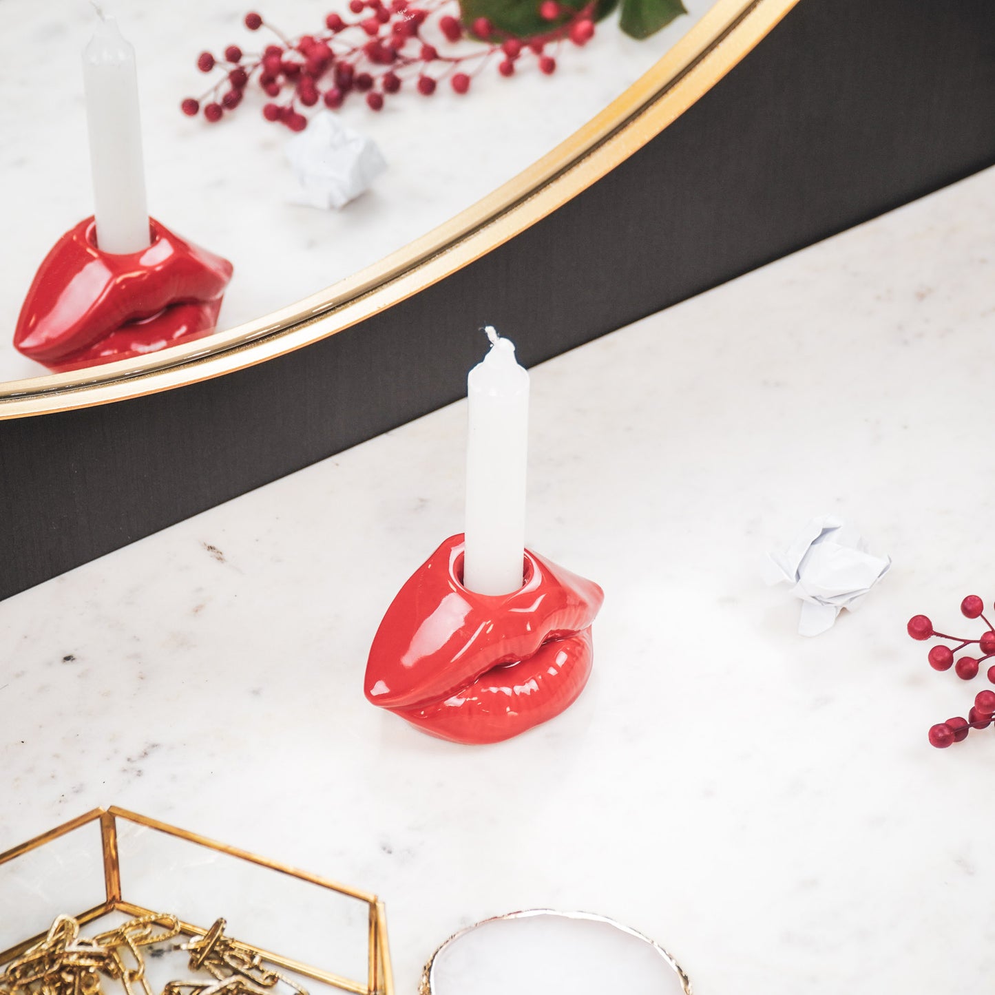 Candle holder - Lip - Ceramic - Red - 10,5x6,5x5,5cm
