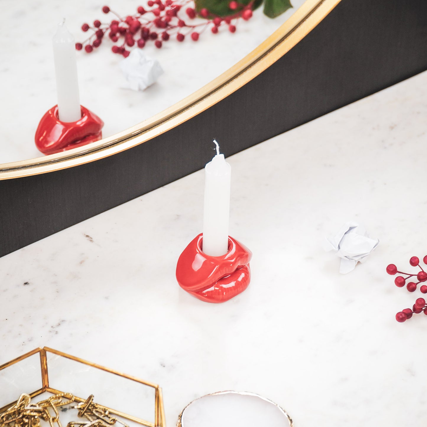 Candle holder - Lip - Ceramic - Red - 7x5,5x4cm